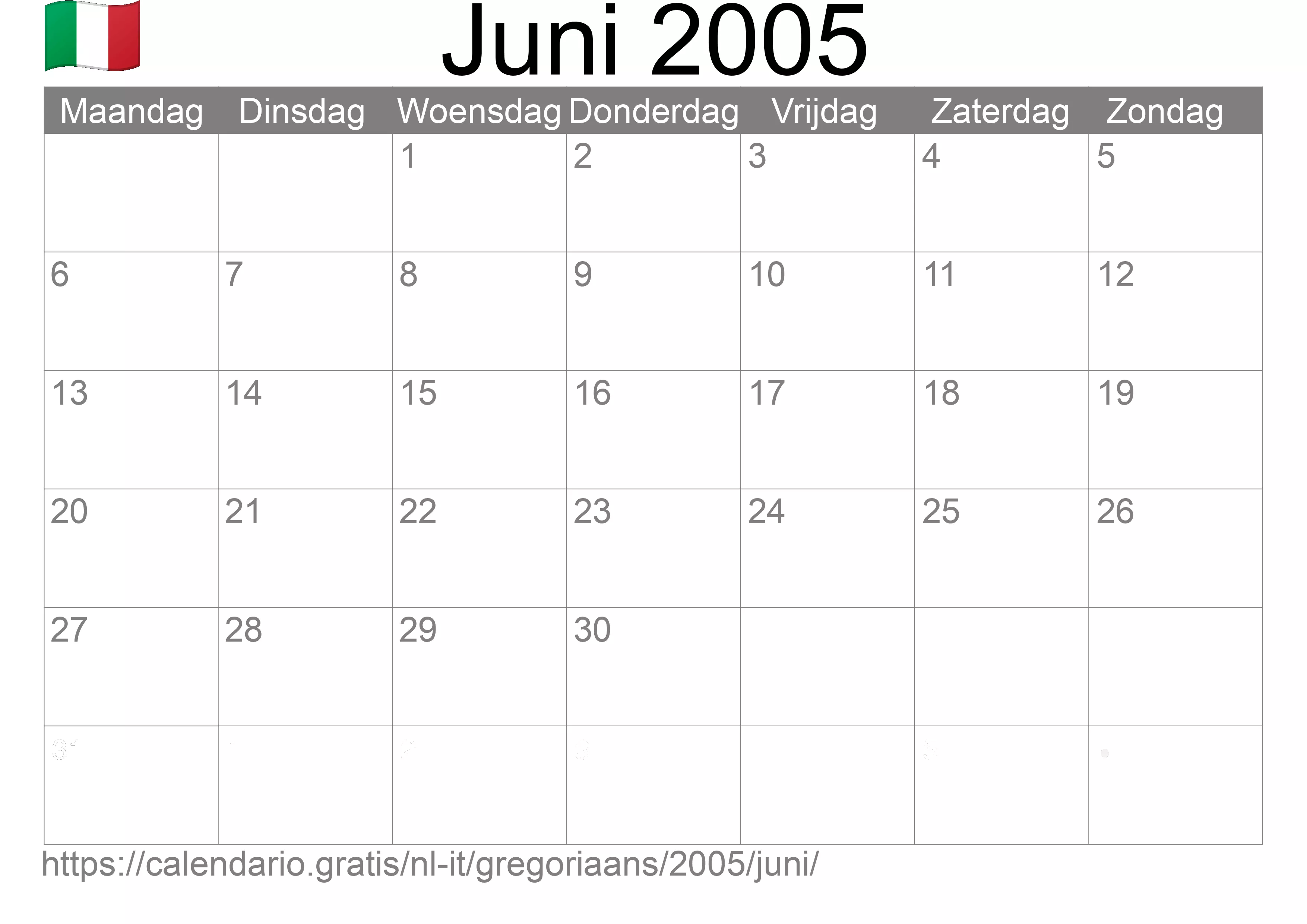 Kalender Juni 2005 om af te drukken (Italië)