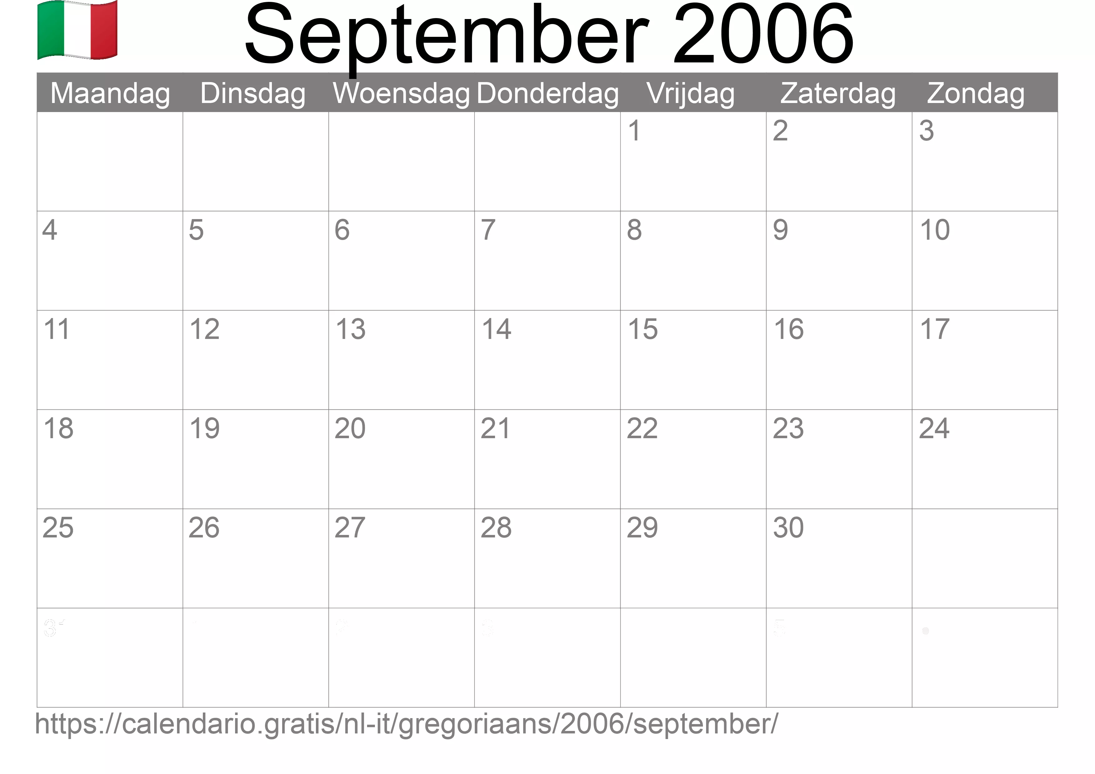 Kalender September 2006 om af te drukken (Italië) Kalender September 2006 om af te drukken (Italië)