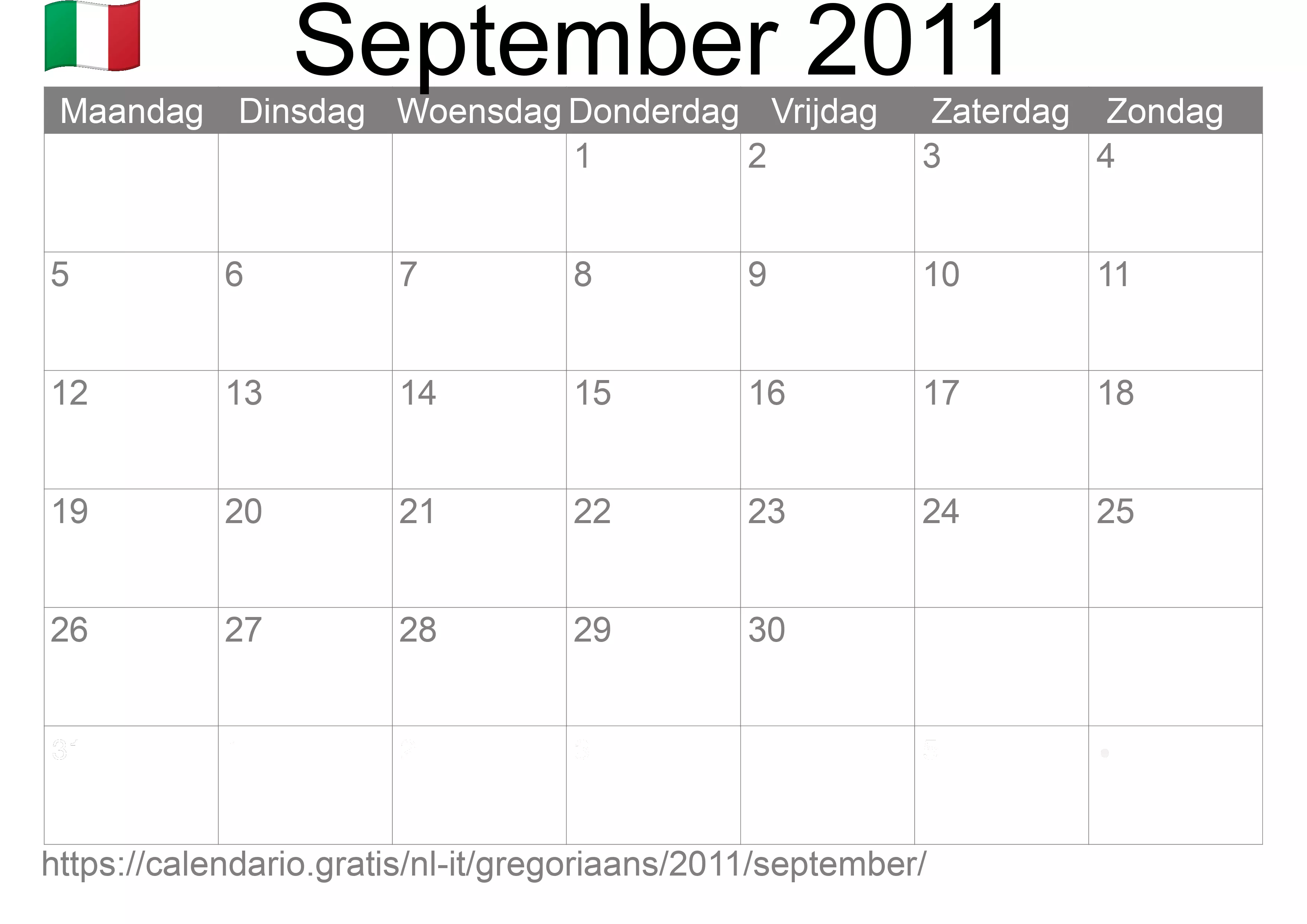 Kalender September 2011 om af te drukken (Italië)