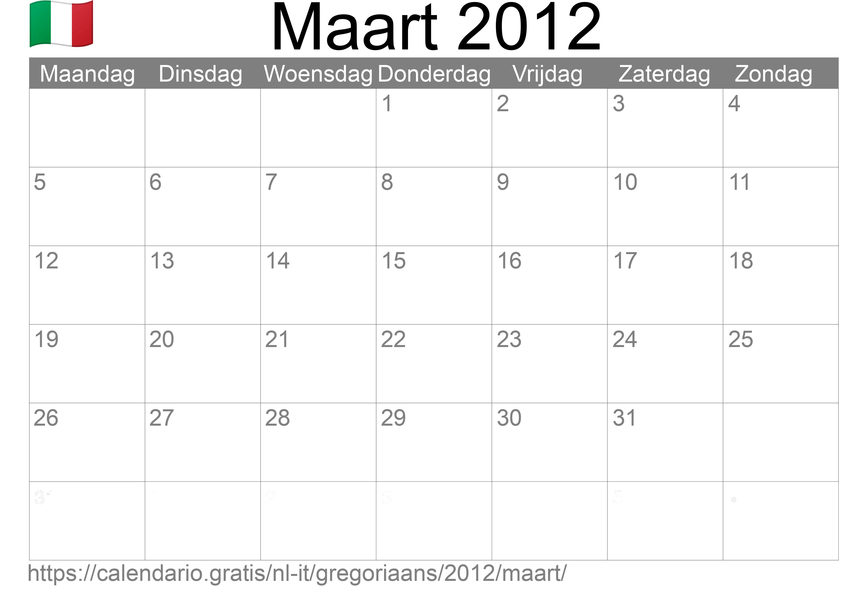 Kalender Maart 2012 om af te drukken