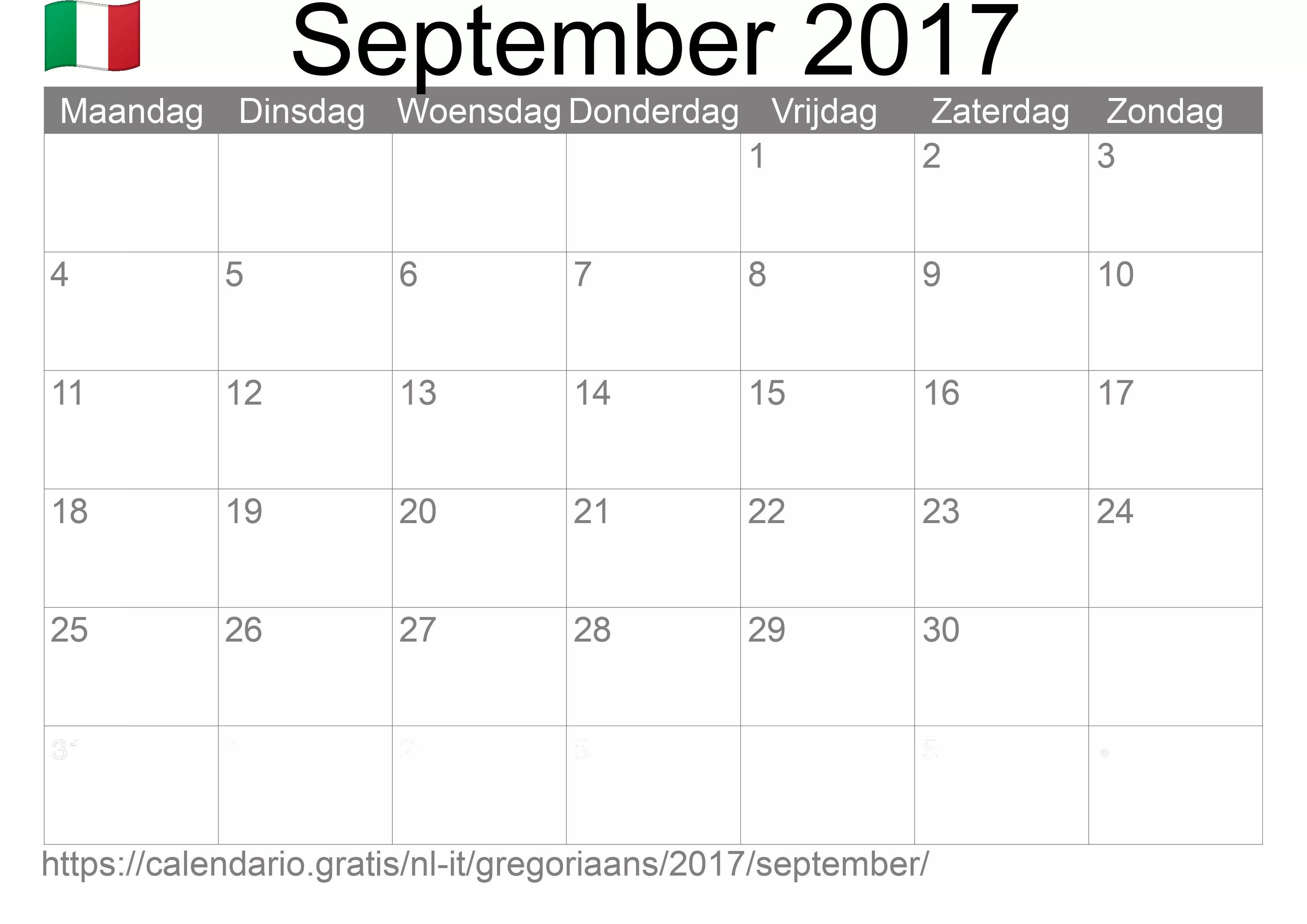 Kalender September 2017 om af te drukken (Italië)