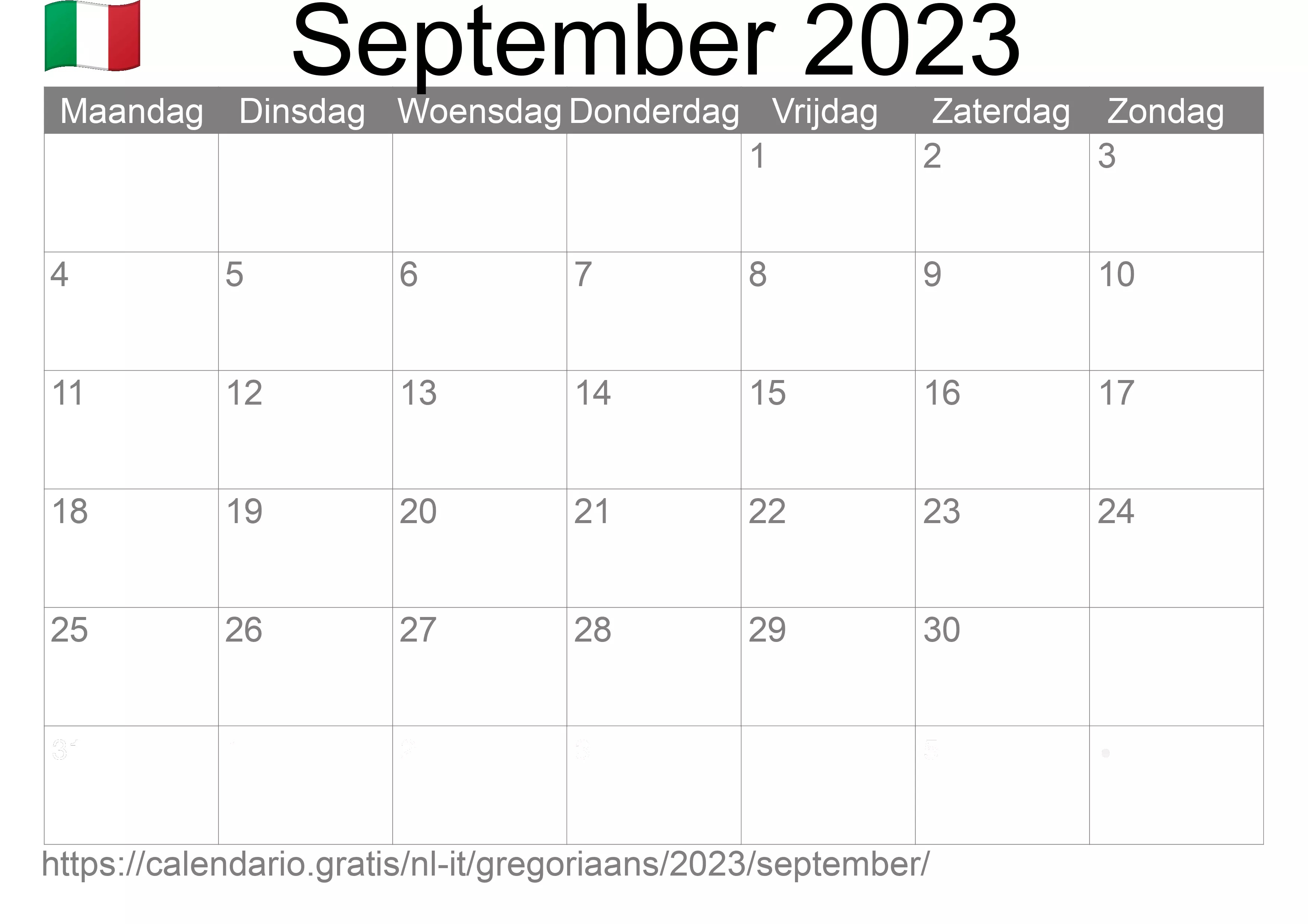 Kalender September 2023 om af te drukken (Italië)
