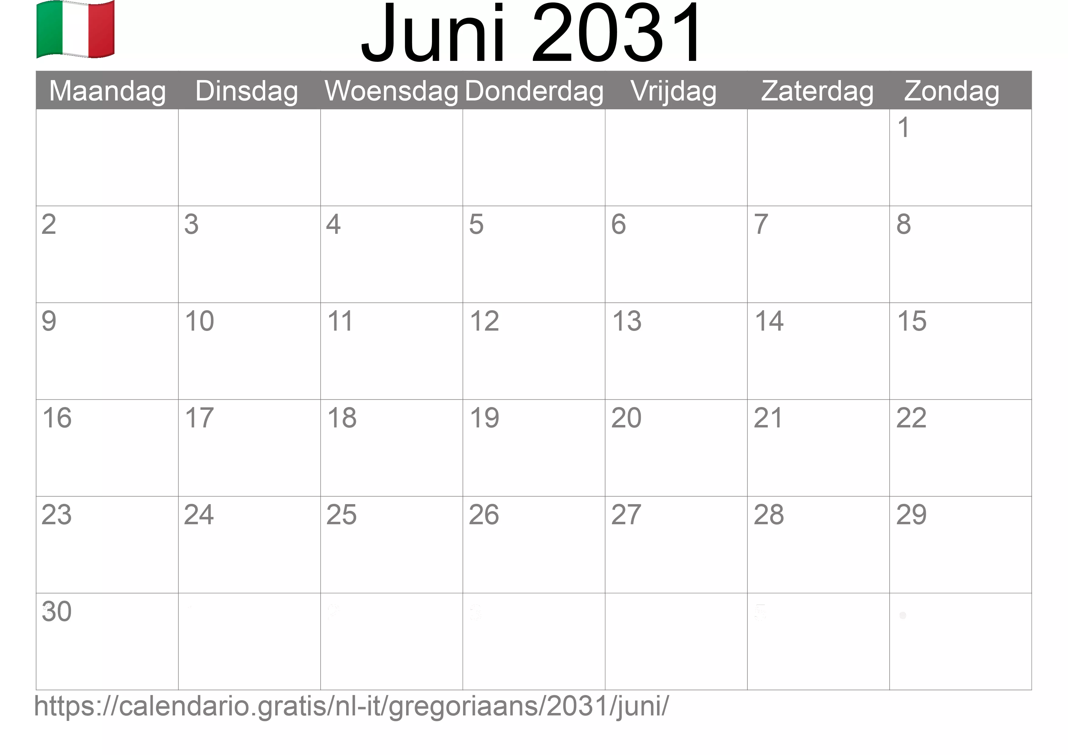 Kalender Juni 2031 om af te drukken (Italië)