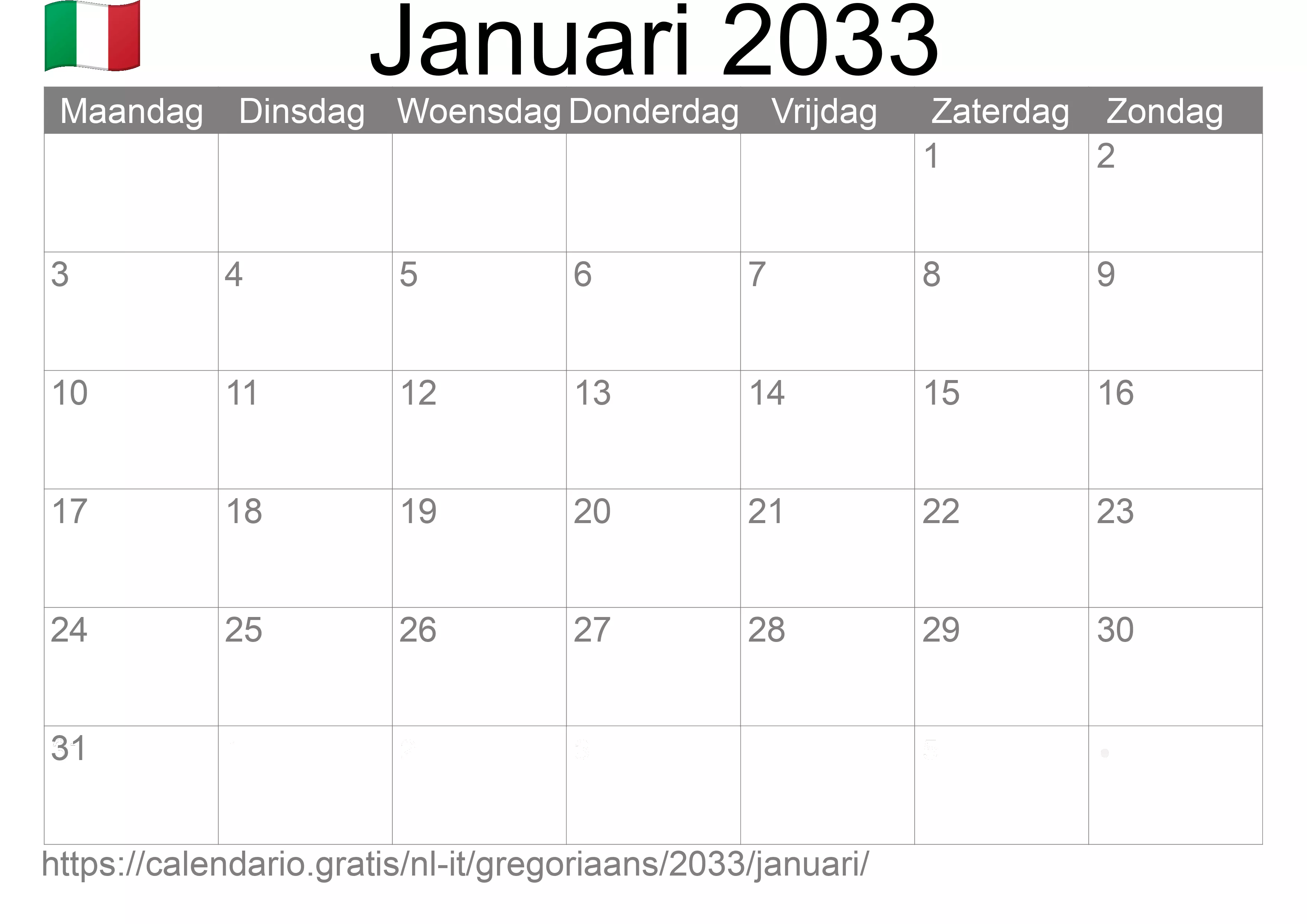 Kalender Januari 2033 om af te drukken (Italië) Kalender Januari 2033 om af te drukken (Italië)