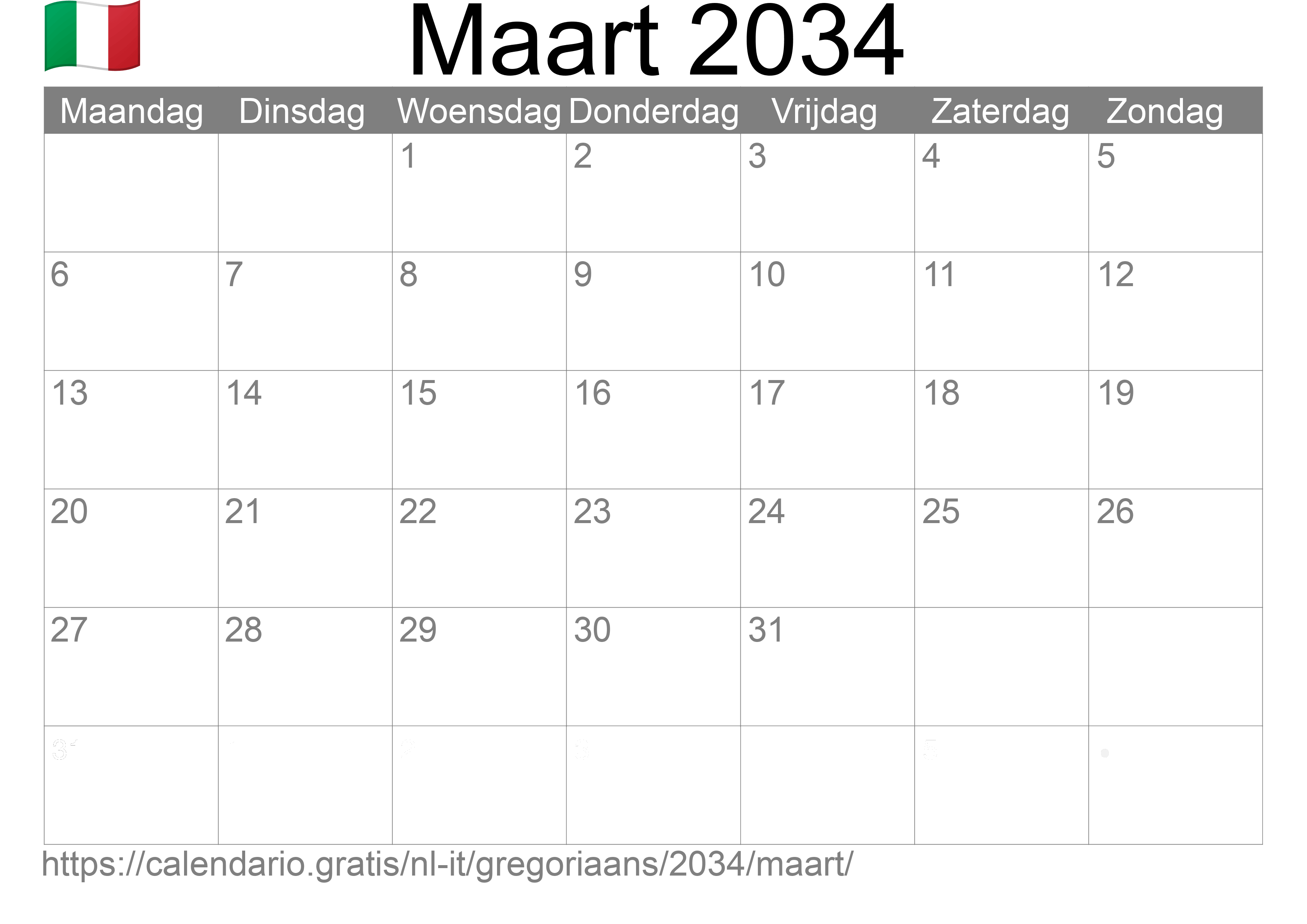 Kalender Maart 2034 om af te drukken