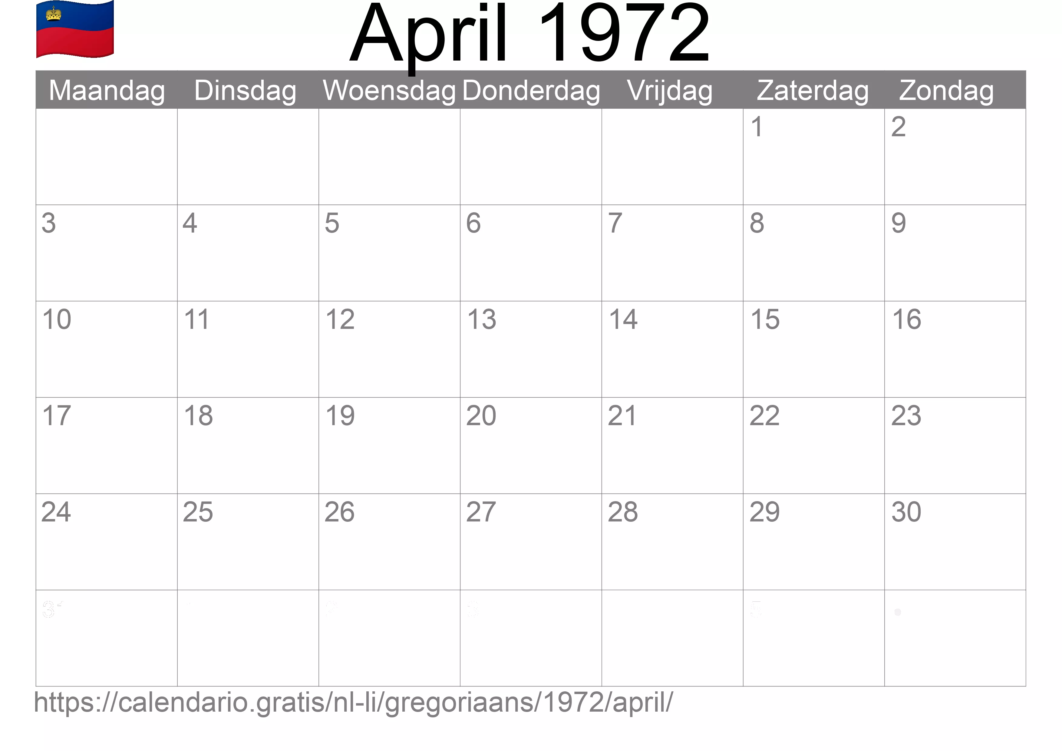 Kalender April 1972 om af te drukken (Liechtenstein)