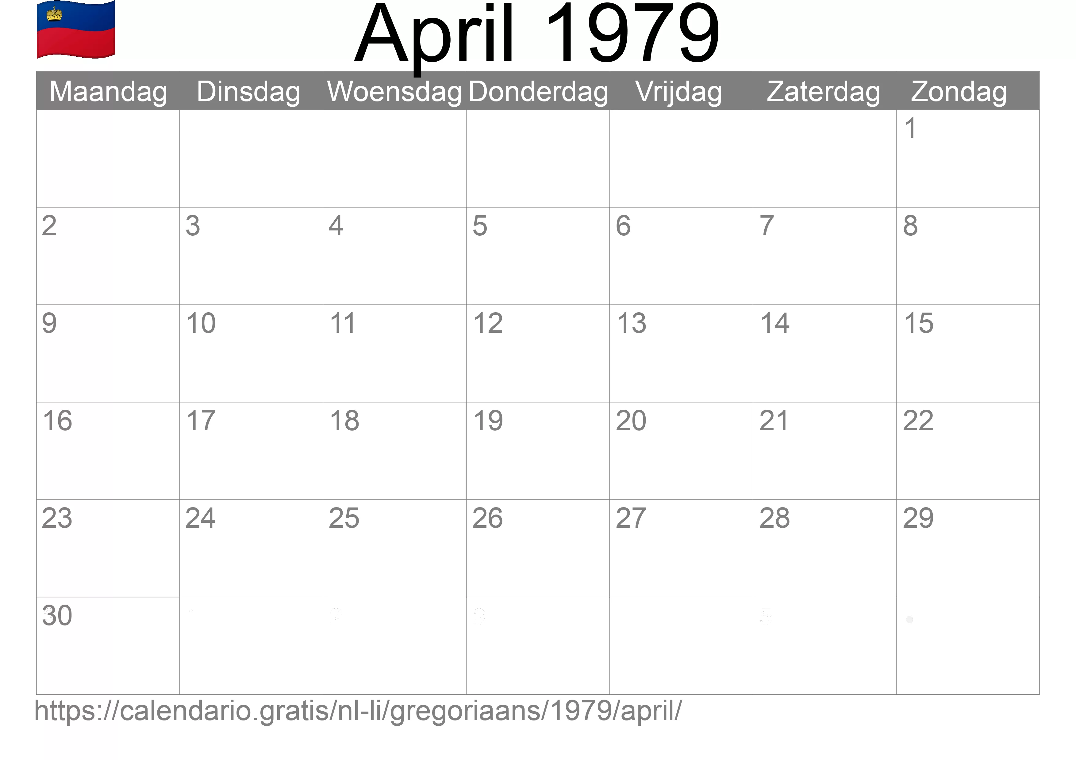 Kalender April 1979 om af te drukken (Liechtenstein)