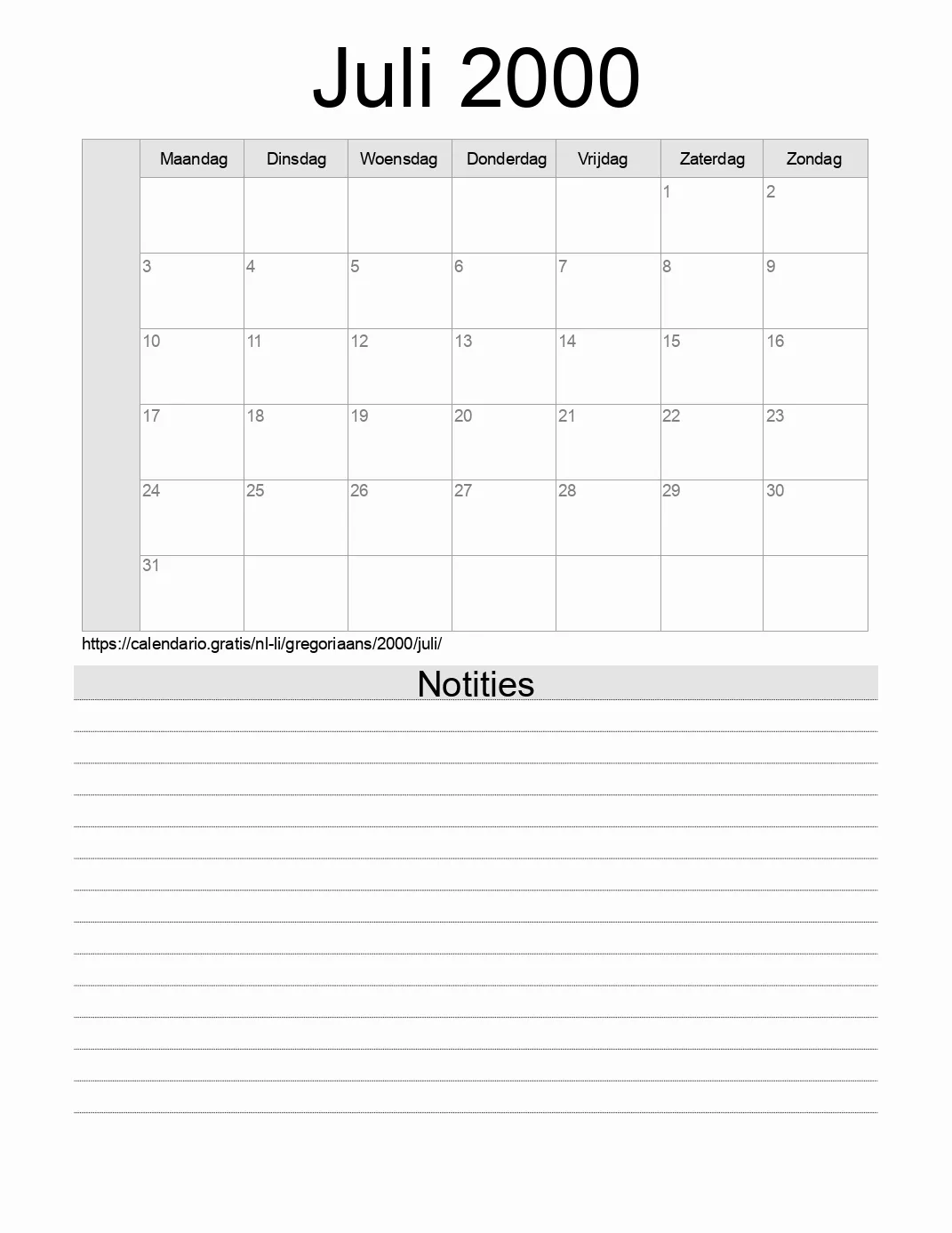 Kalender voor Juli 2000 om af te drukken met notities. (Liechtenstein)