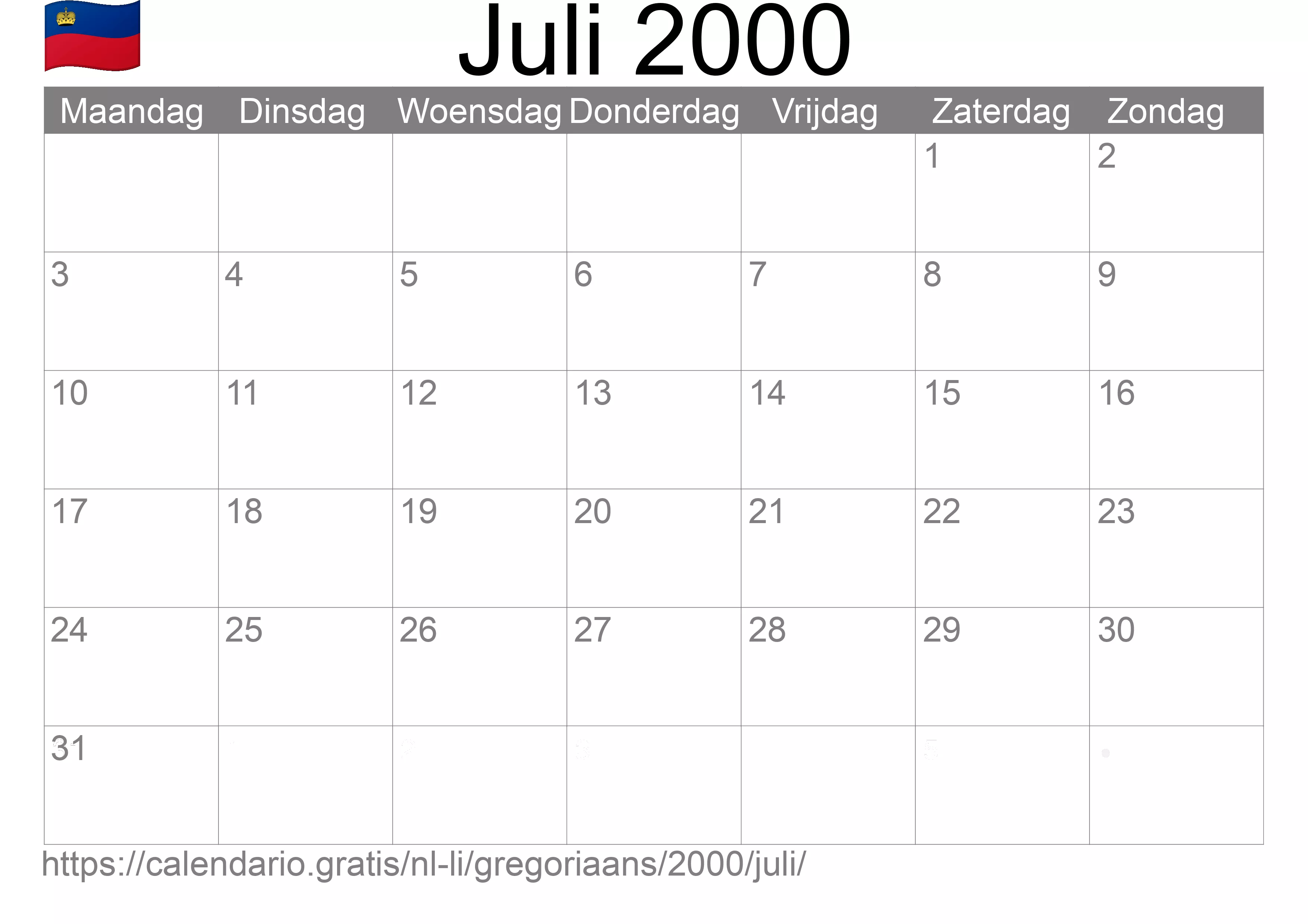Kalender Juli 2000 om af te drukken (Liechtenstein)