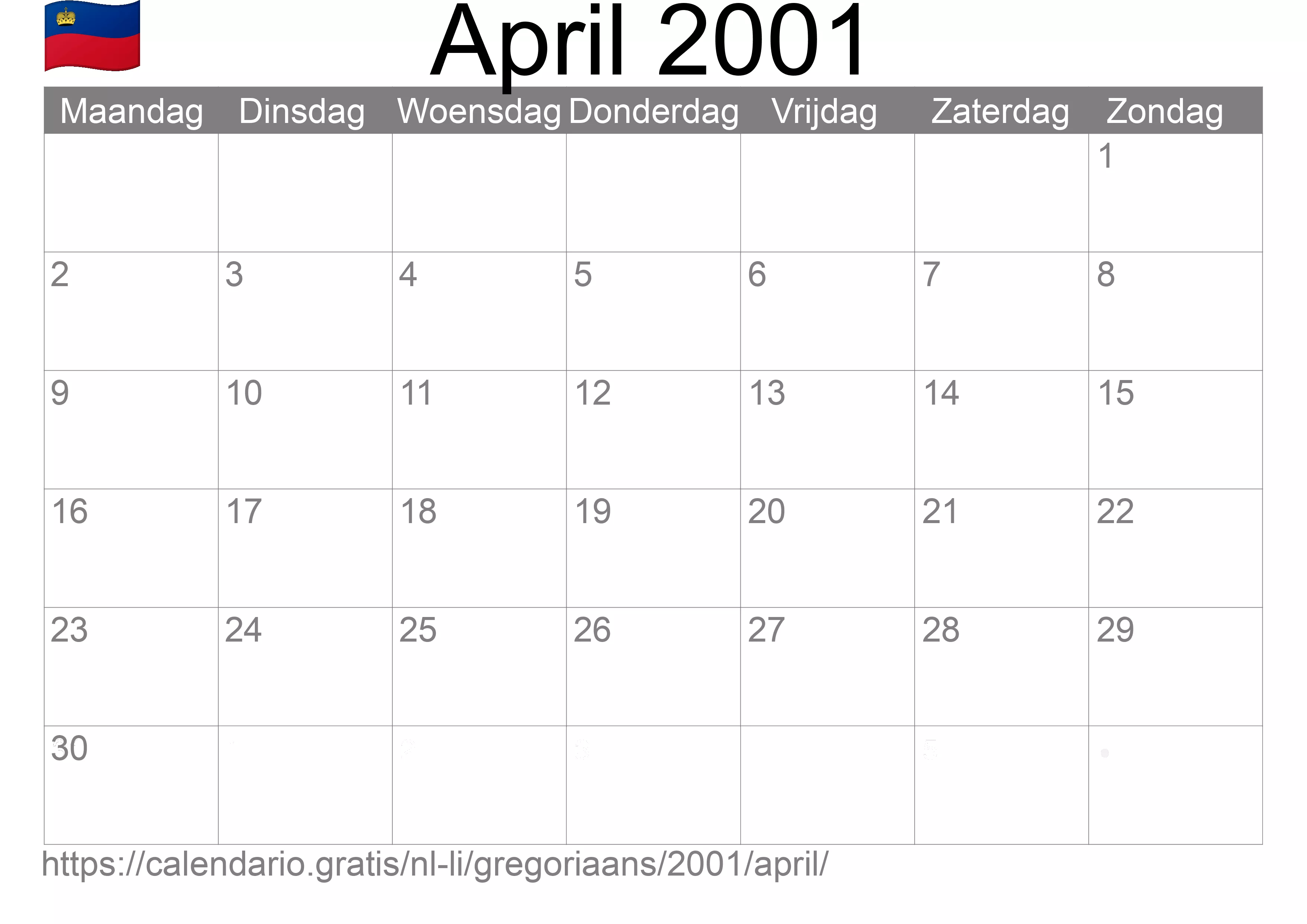 Kalender April 2001 om af te drukken (Liechtenstein)