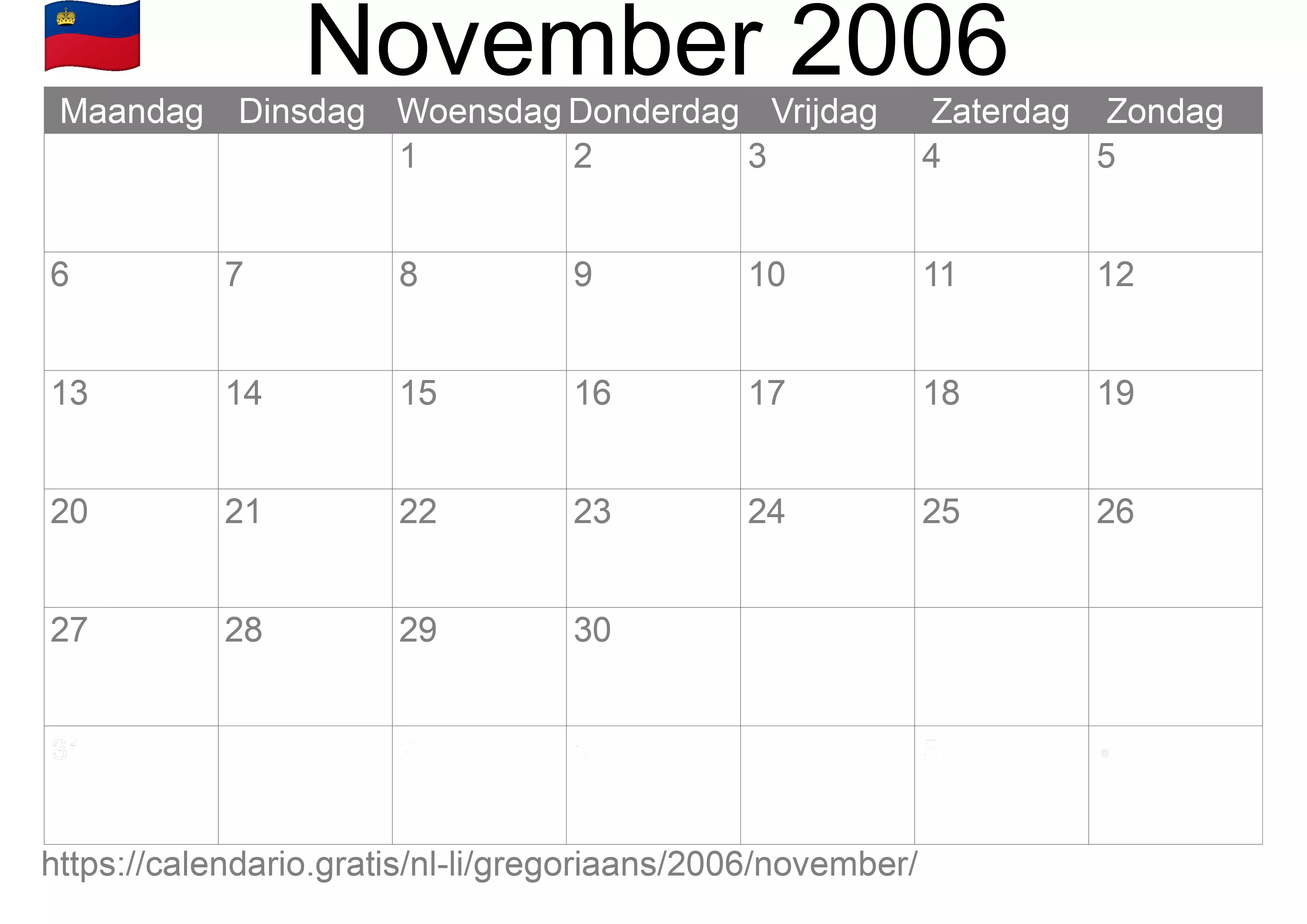 Kalender November 2006 om af te drukken (Liechtenstein)