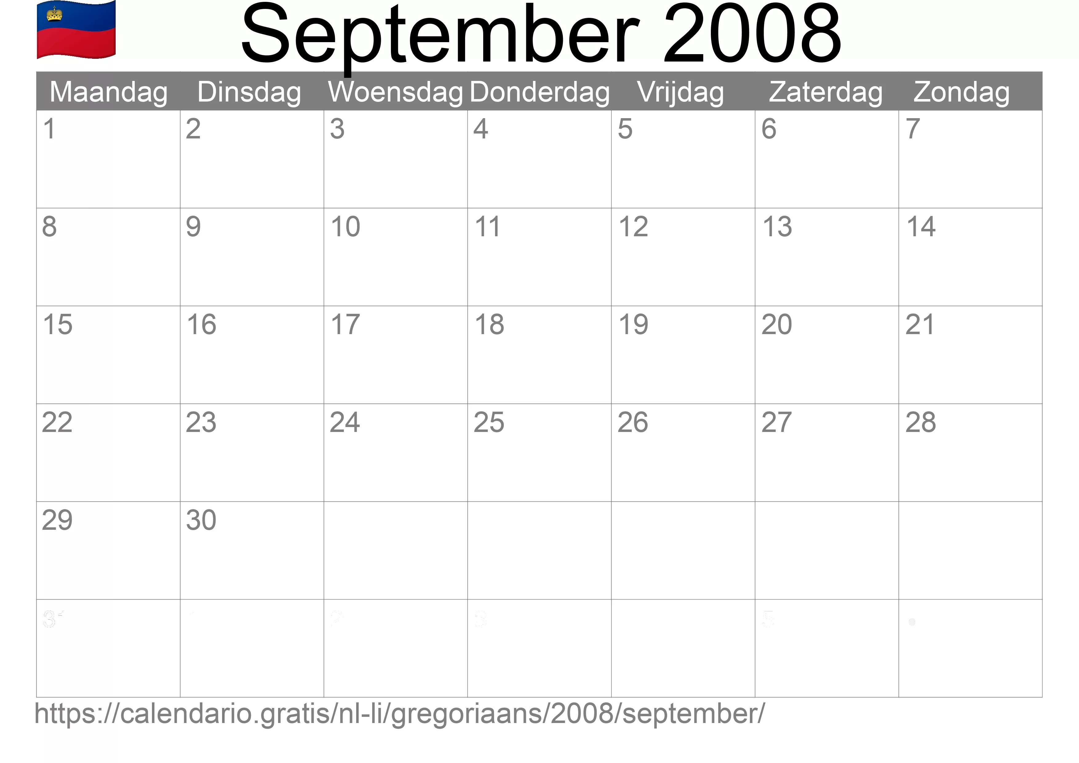 Kalender September 2008 om af te drukken (Liechtenstein)