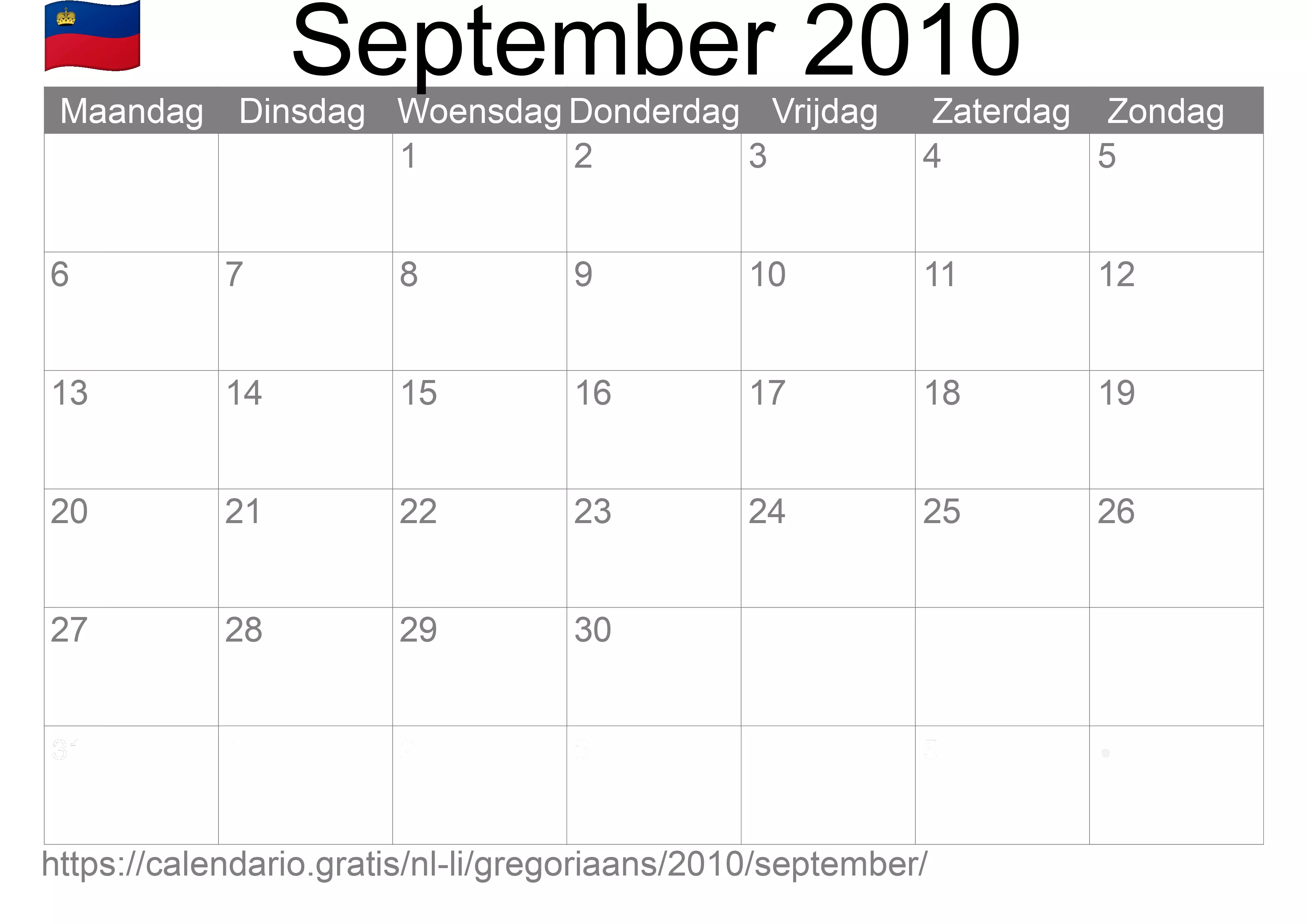 Kalender September 2010 om af te drukken (Liechtenstein)