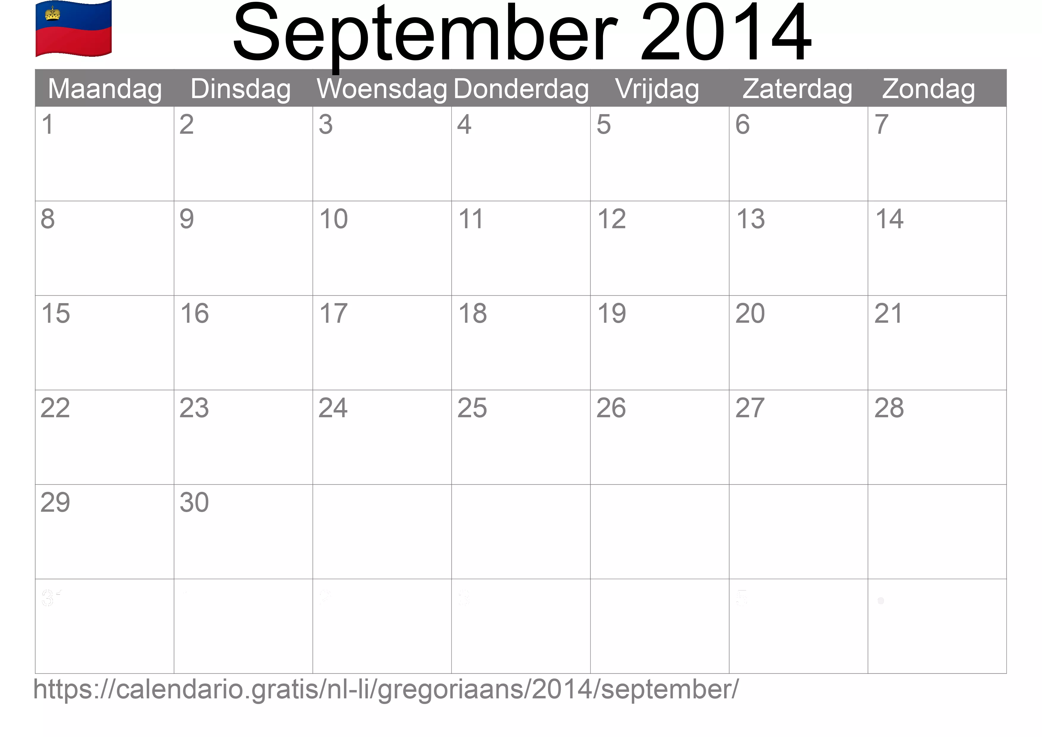 Kalender September 2014 om af te drukken (Liechtenstein)
