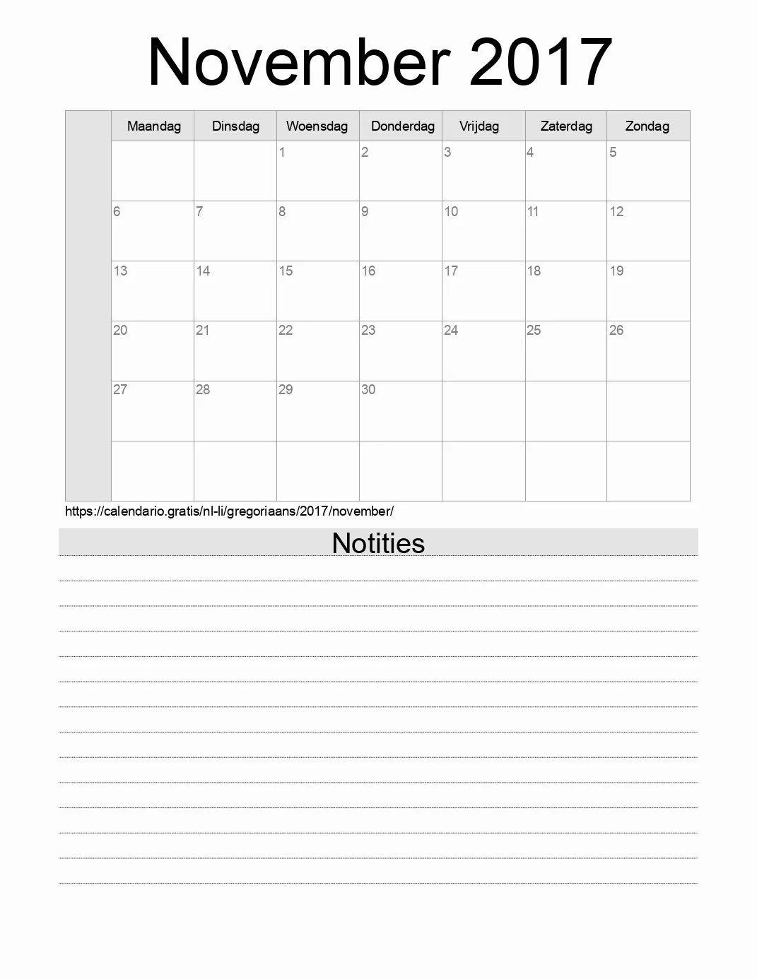 Kalender voor November 2017 om af te drukken met notities. (Liechtenstein)