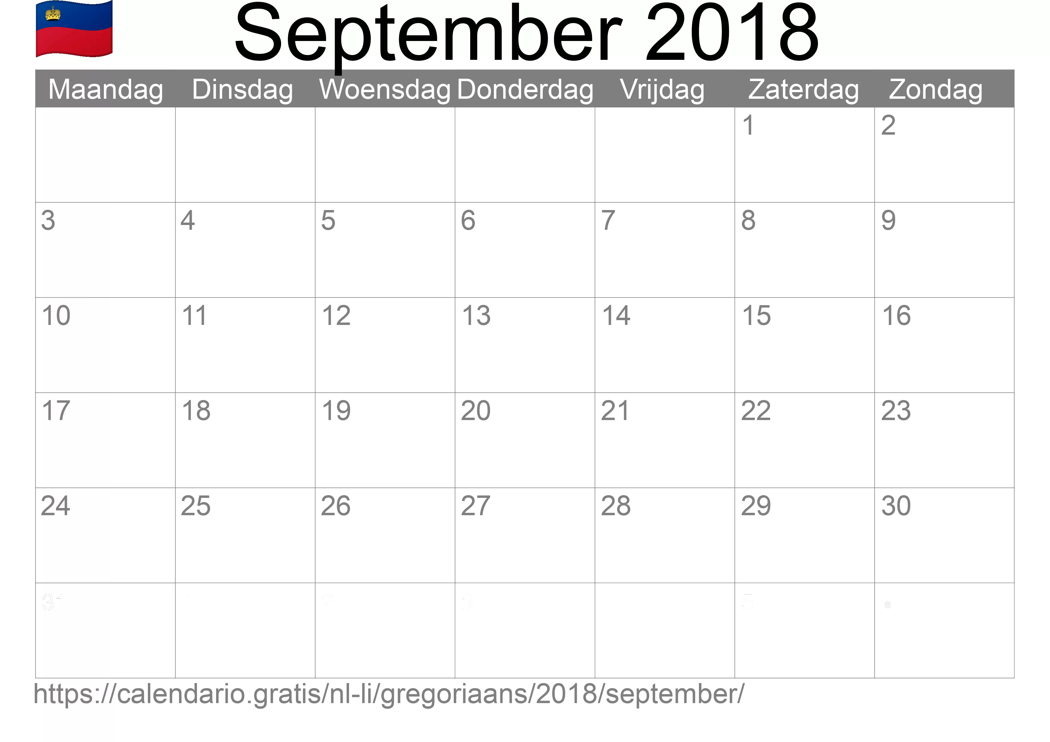 Kalender September 2018 om af te drukken (Liechtenstein)