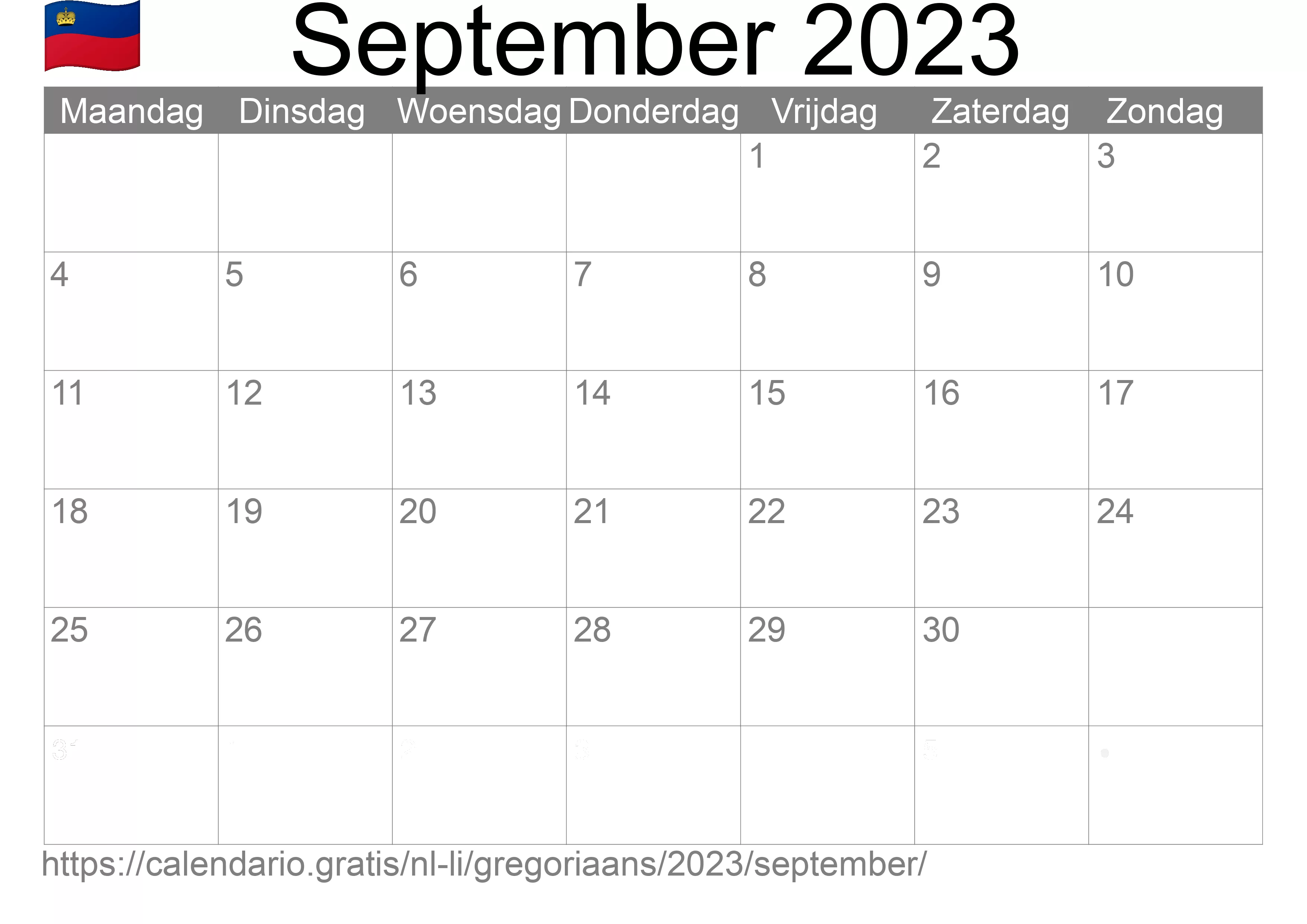Kalender September 2023 om af te drukken (Liechtenstein)
