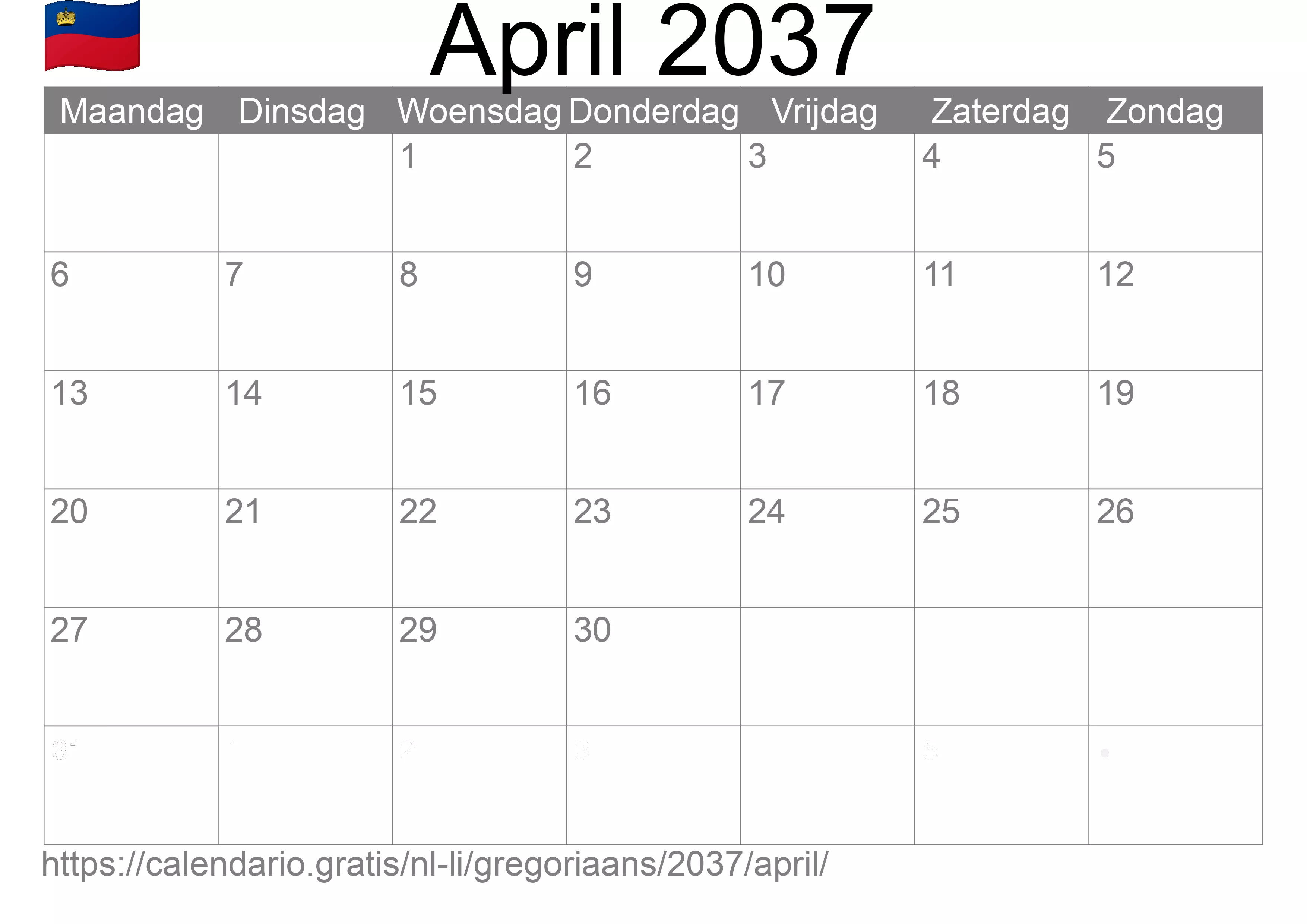 Kalender April 2037 om af te drukken (Liechtenstein)