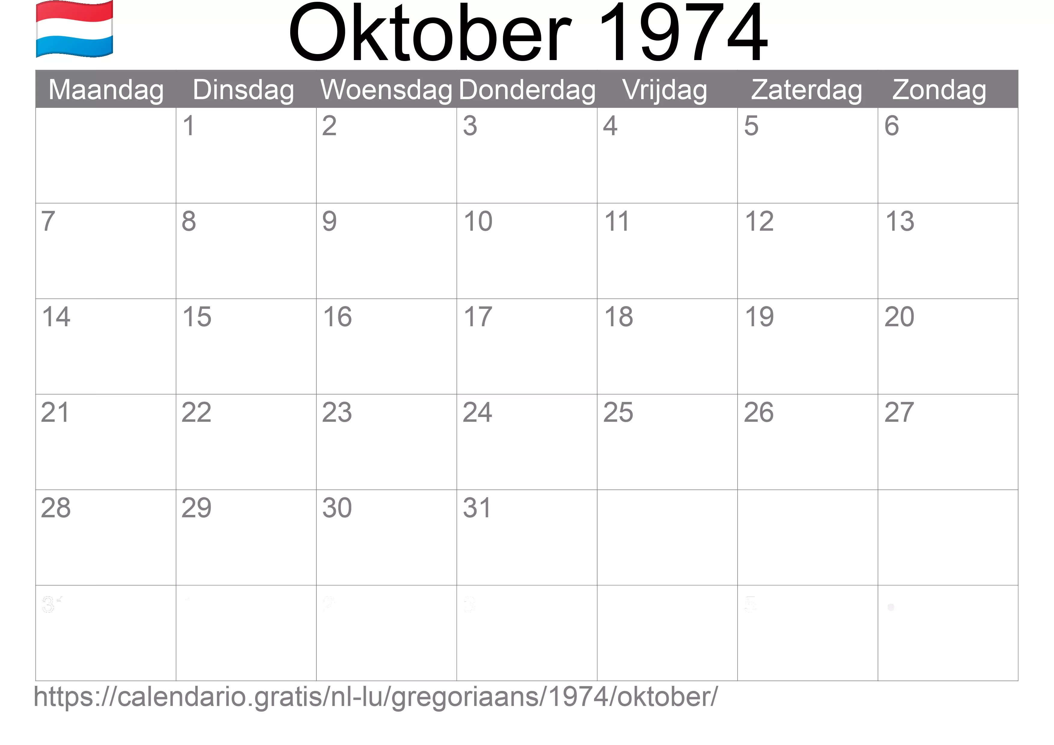Kalender Oktober 1974 om af te drukken (Luxemburg)