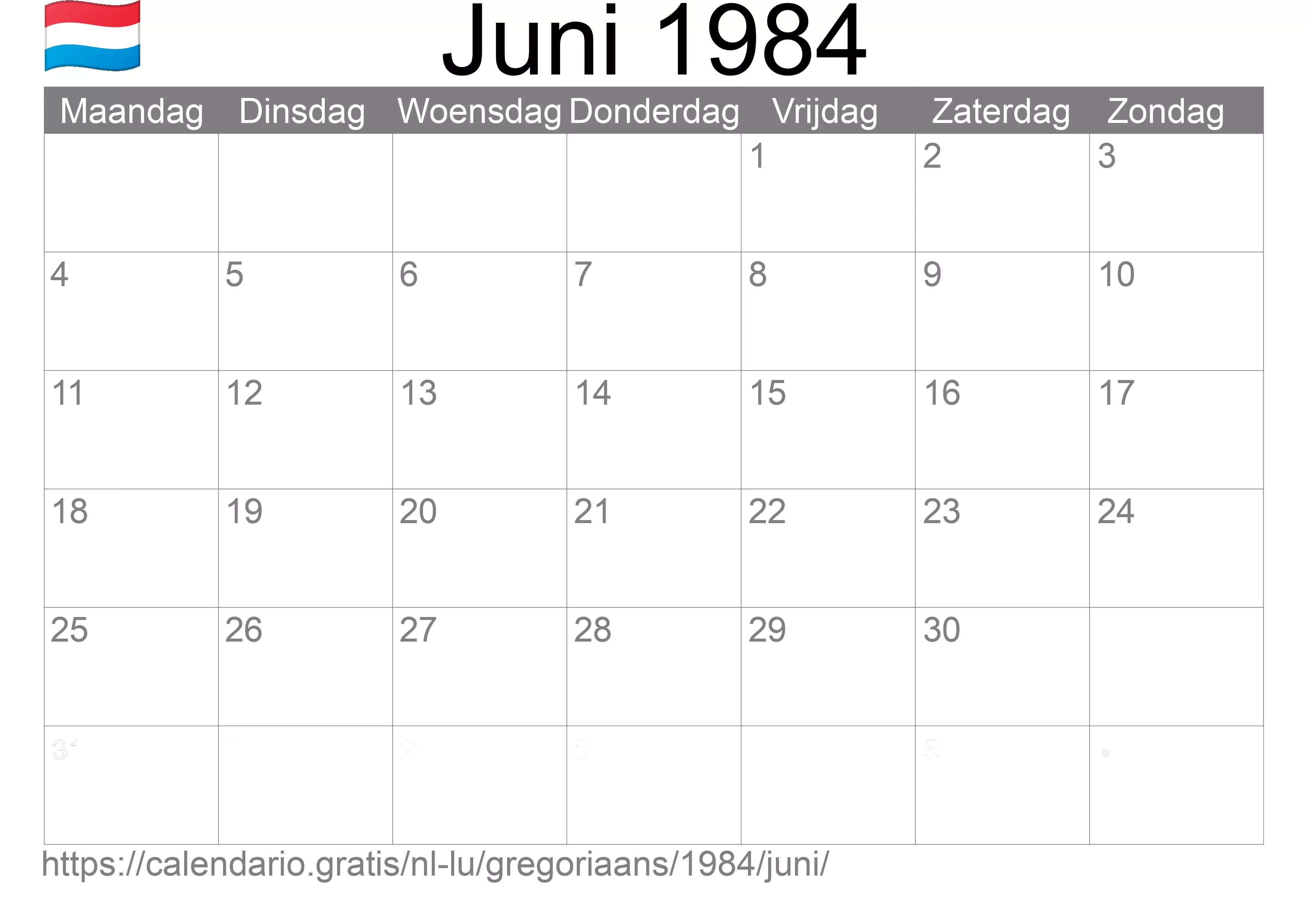 Kalender Juni 1984 om af te drukken (Luxemburg) Kalender Juni 1984 om af te drukken (Luxemburg)
