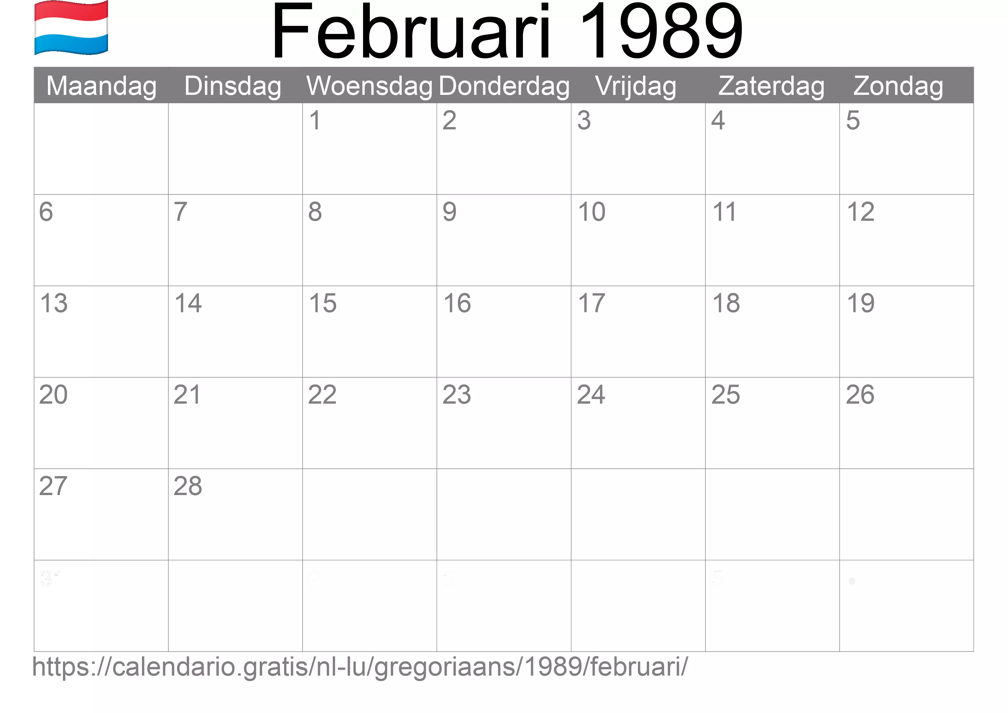 Kalender Februari 1989 om af te drukken (Luxemburg) Kalender Februari 1989 om af te drukken (Luxemburg)