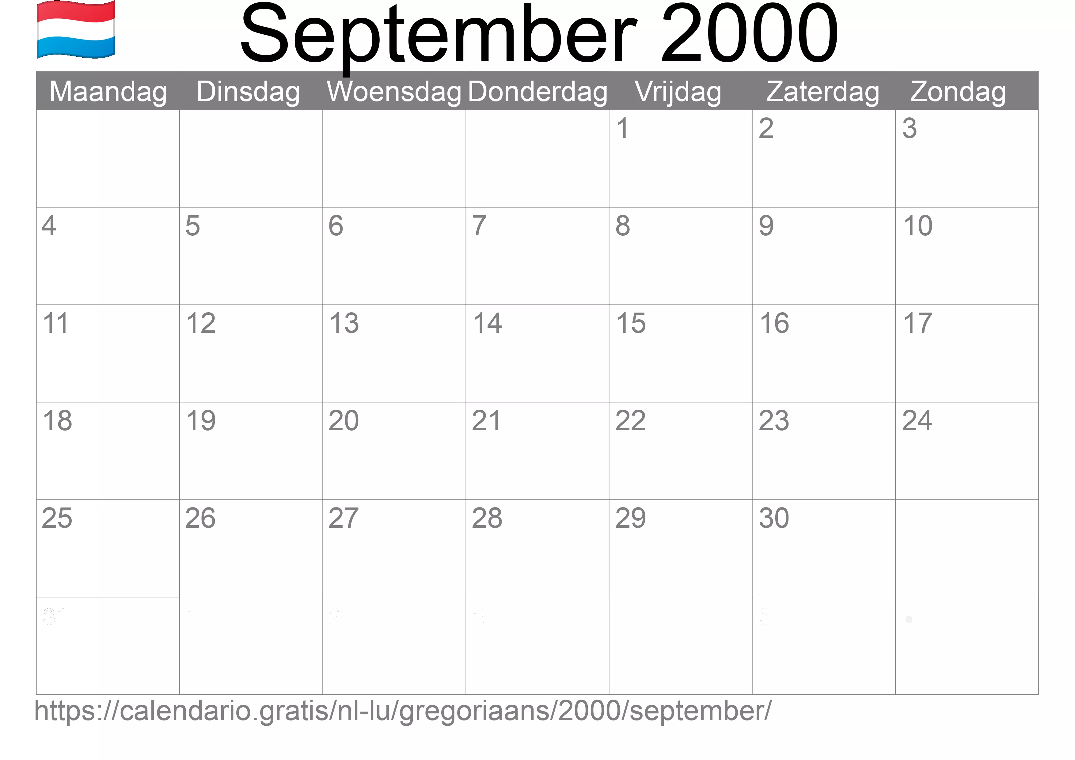 Kalender September 2000 om af te drukken (Luxemburg)