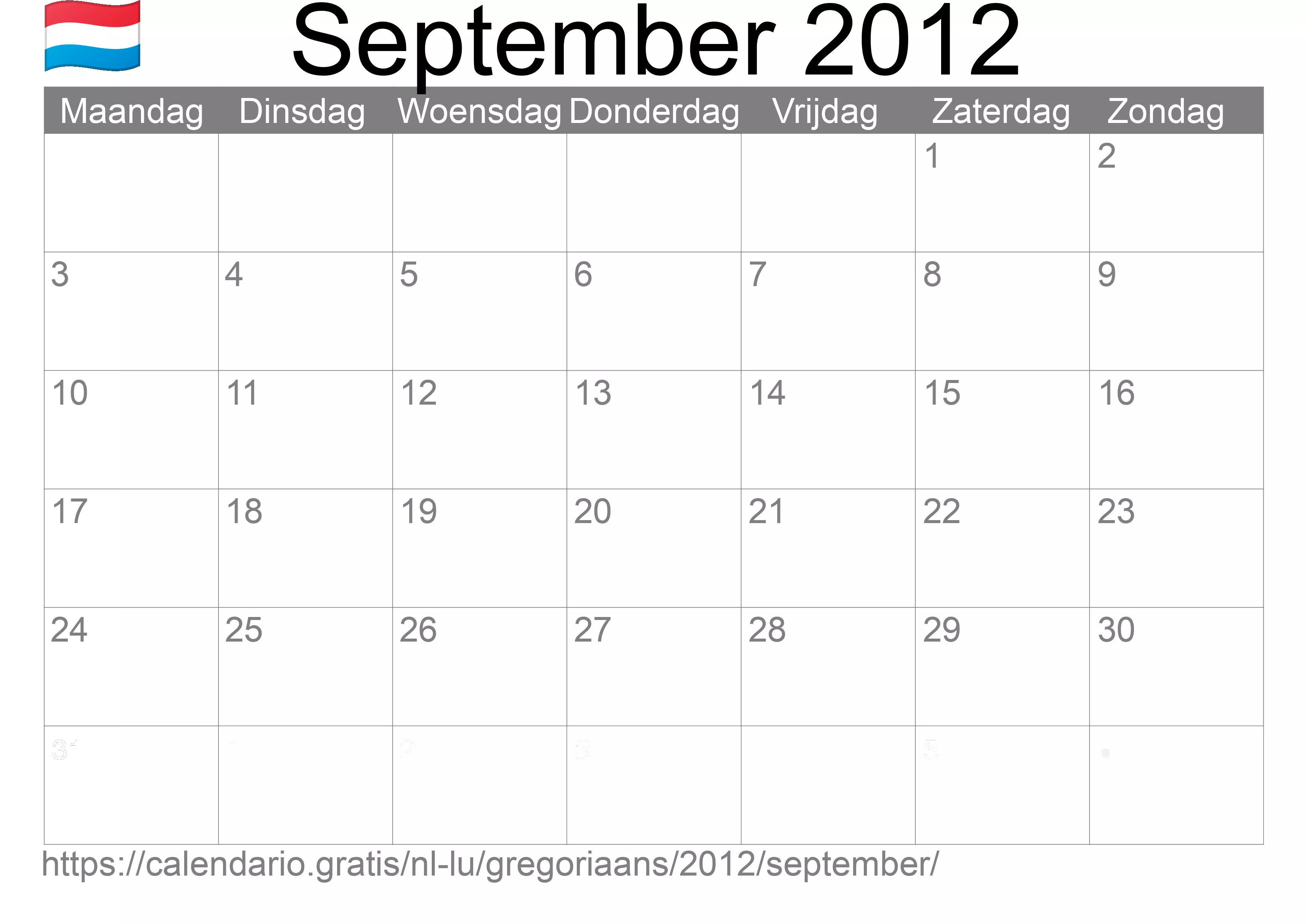Kalender September 2012 om af te drukken (Luxemburg)