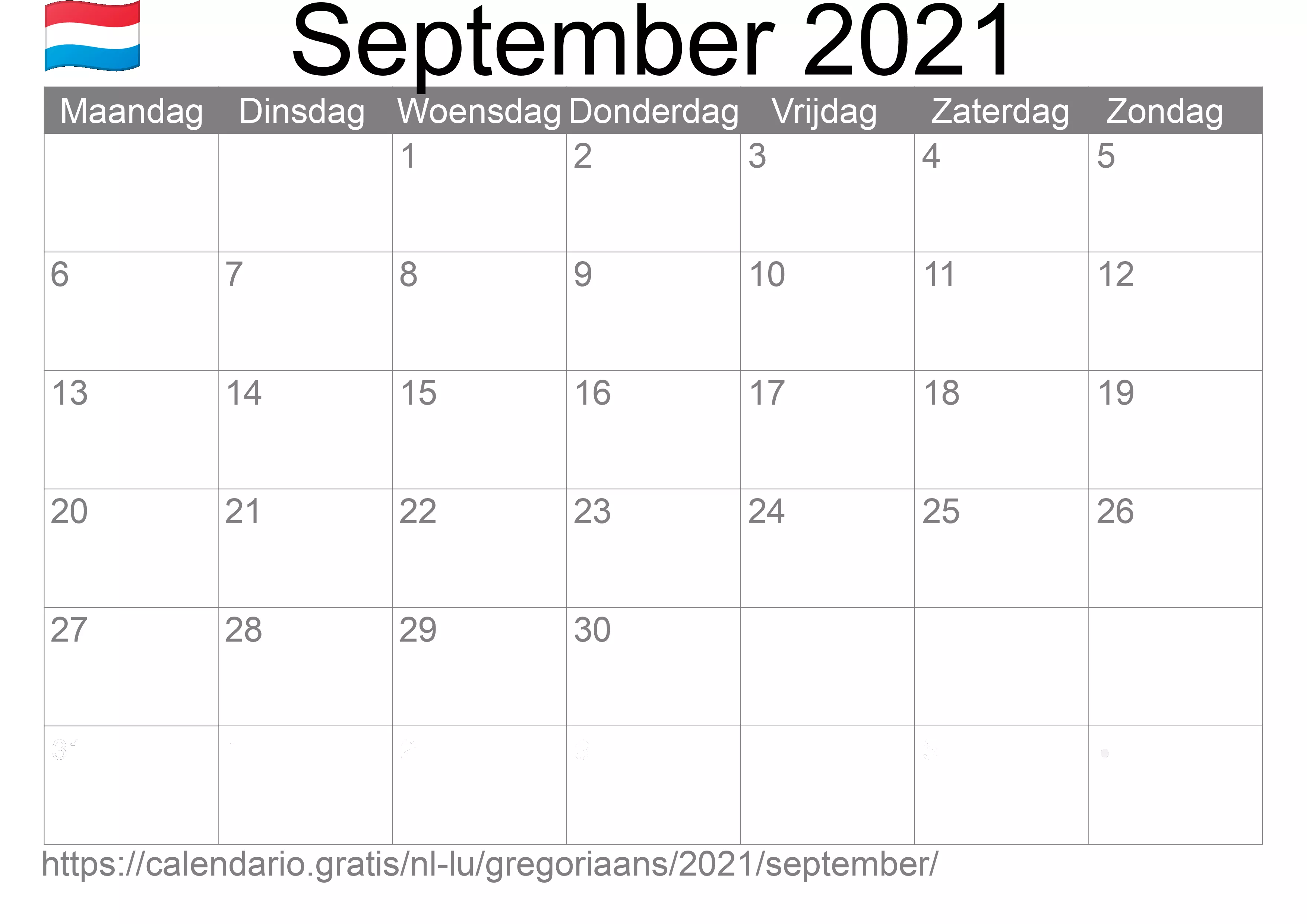 Kalender September 2021 om af te drukken (Luxemburg)