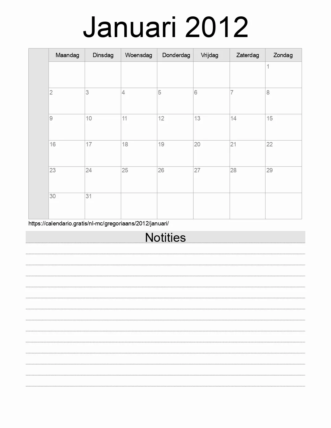 Kalender voor Januari 2012 om af te drukken met notities. (Monaco)