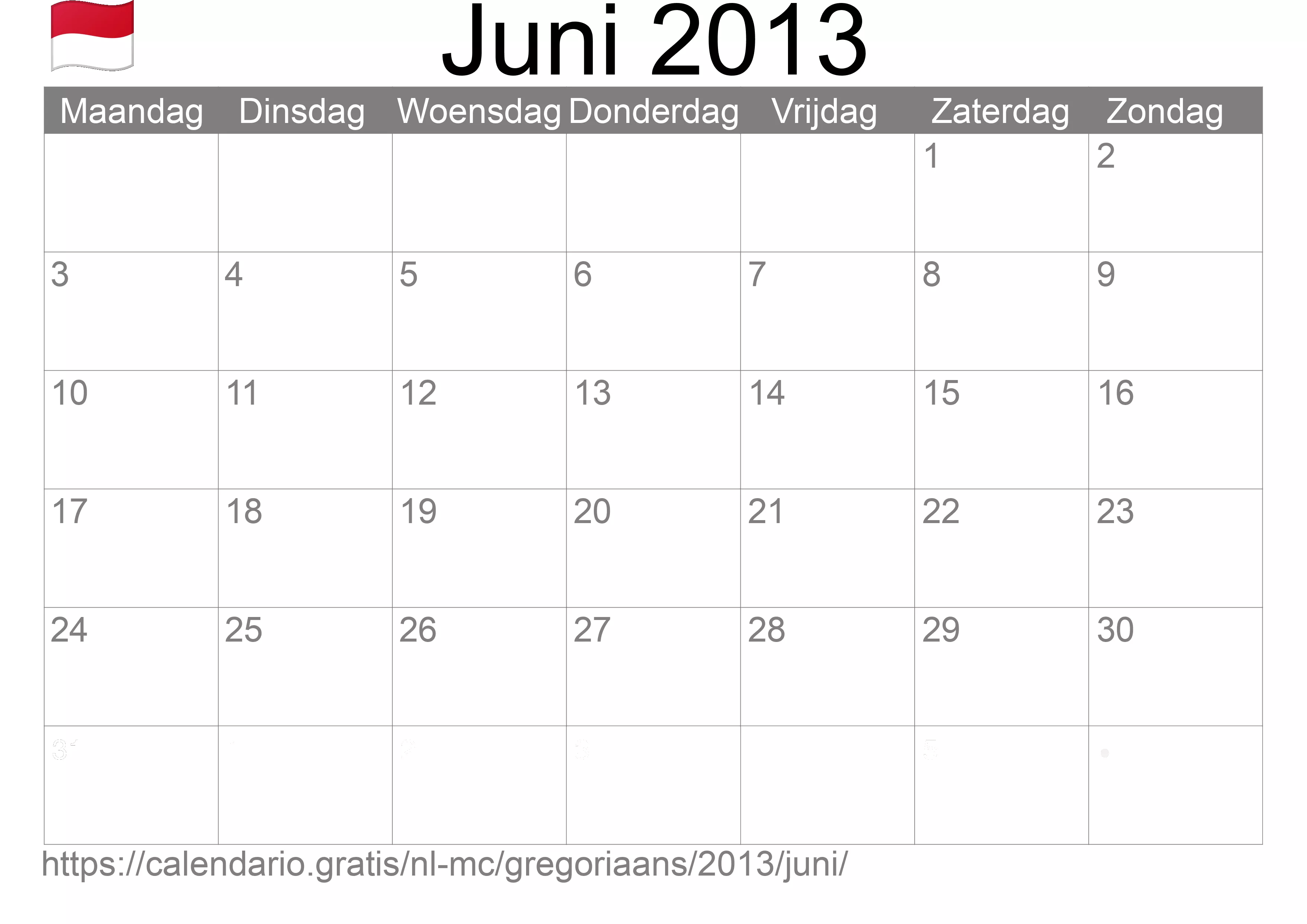 Kalender Juni 2013 om af te drukken (Monaco)