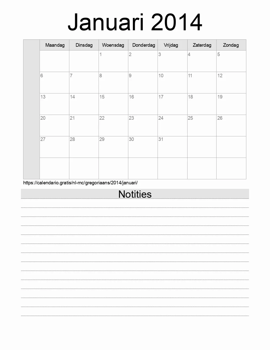 Kalender voor Januari 2014 om af te drukken met notities. (Monaco)
