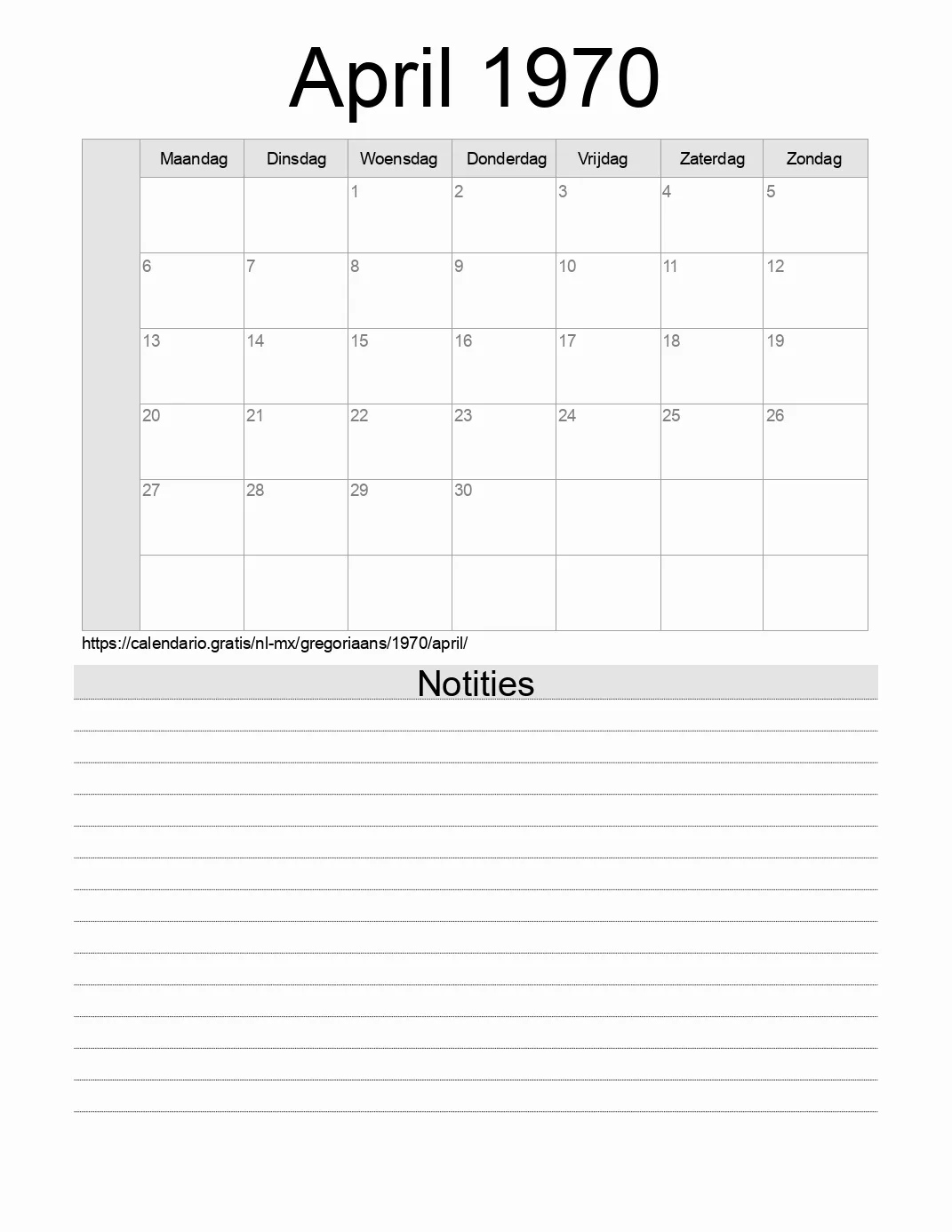 Kalender voor April 1970 om af te drukken met notities. (Mexico)