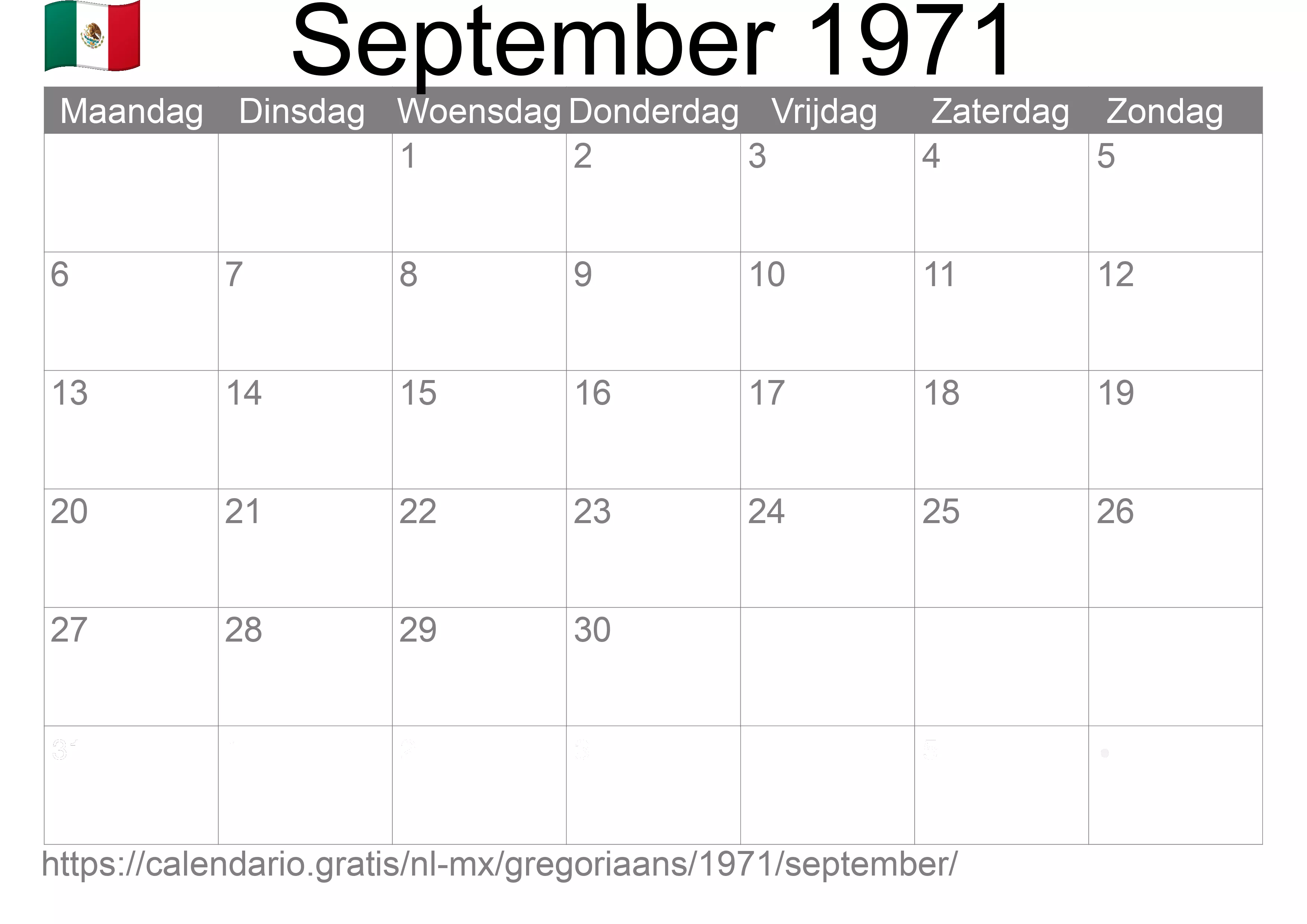 Kalender September 1971 om af te drukken (Mexico)