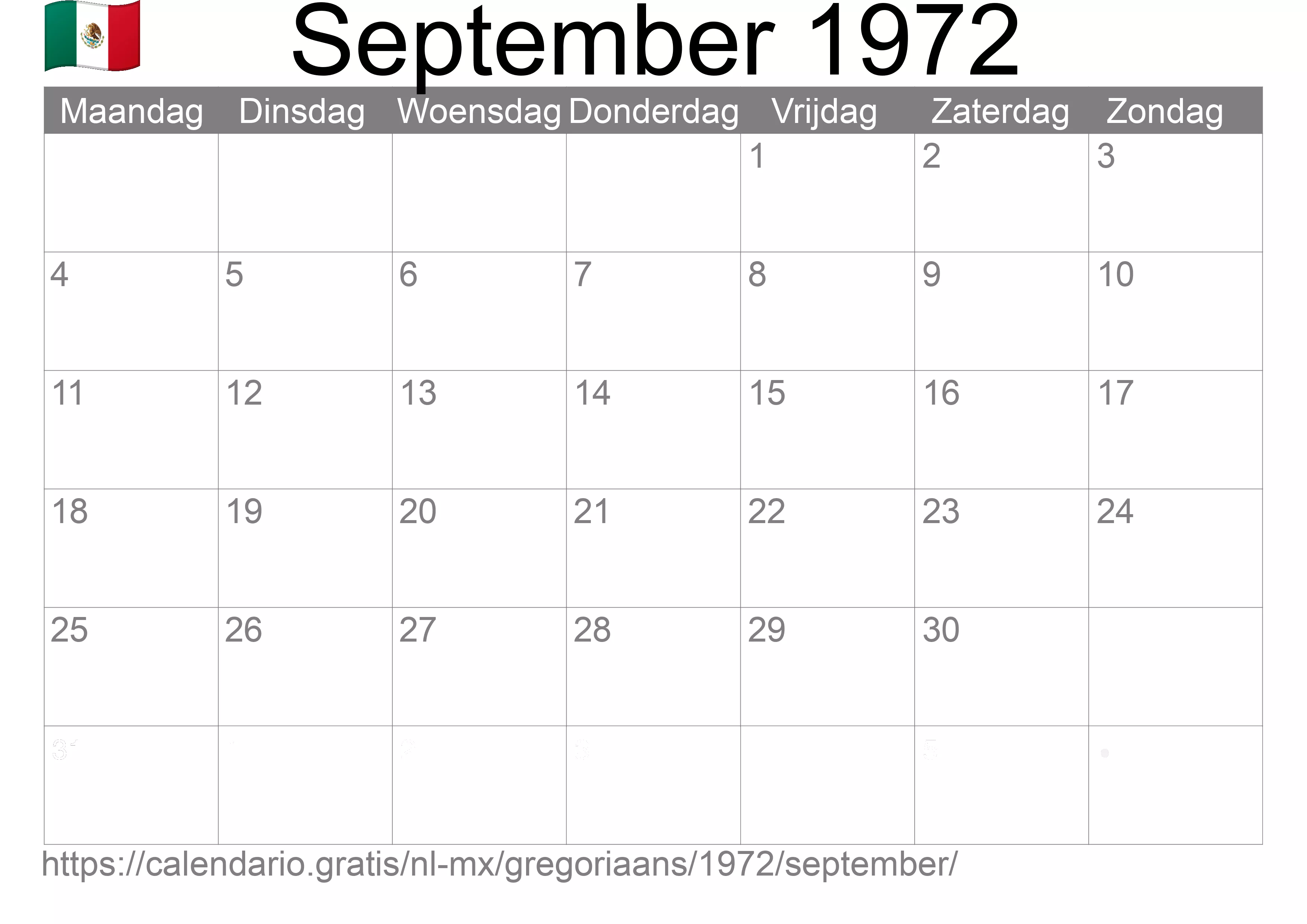 Kalender September 1972 om af te drukken (Mexico)