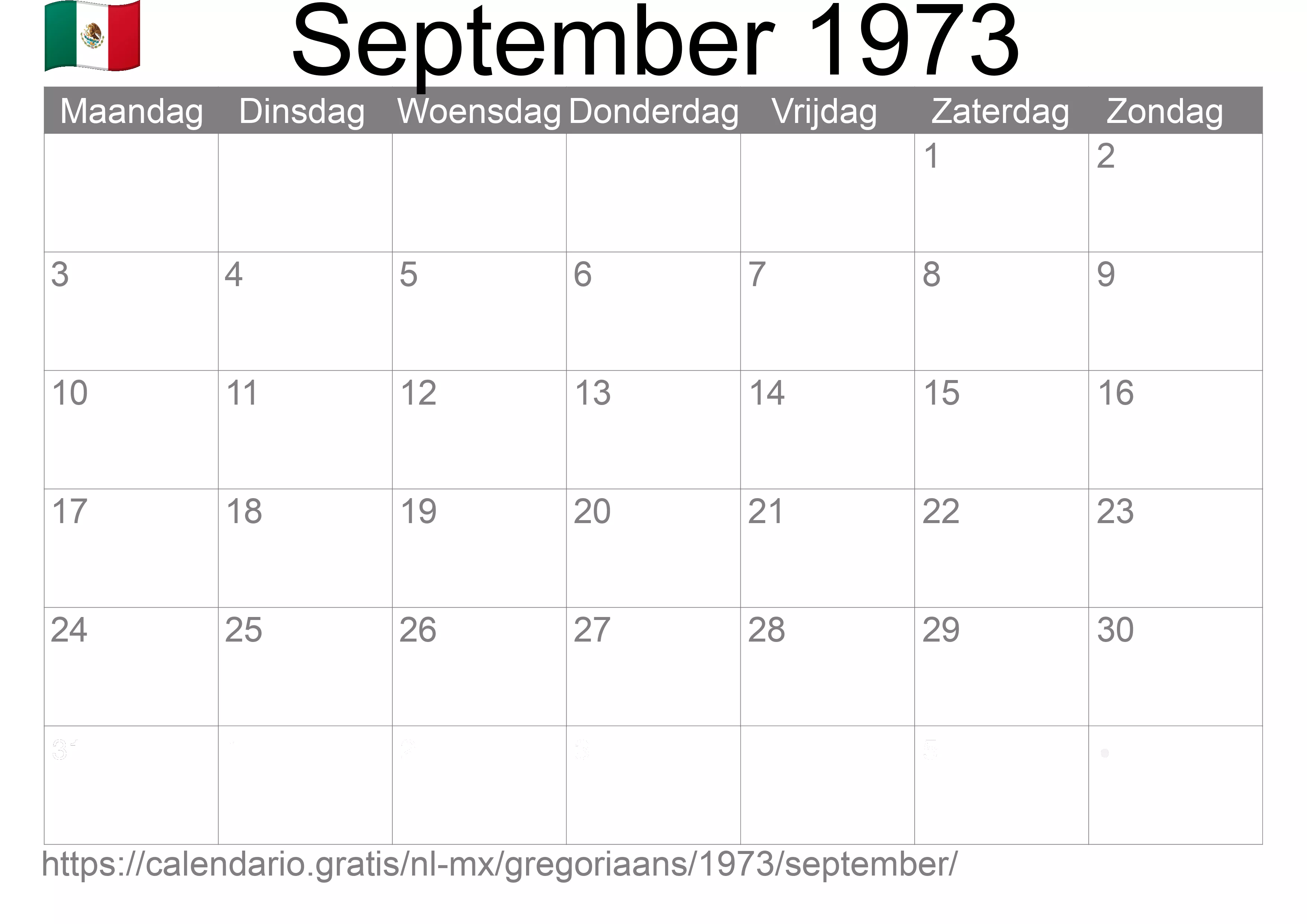 Kalender September 1973 om af te drukken (Mexico)