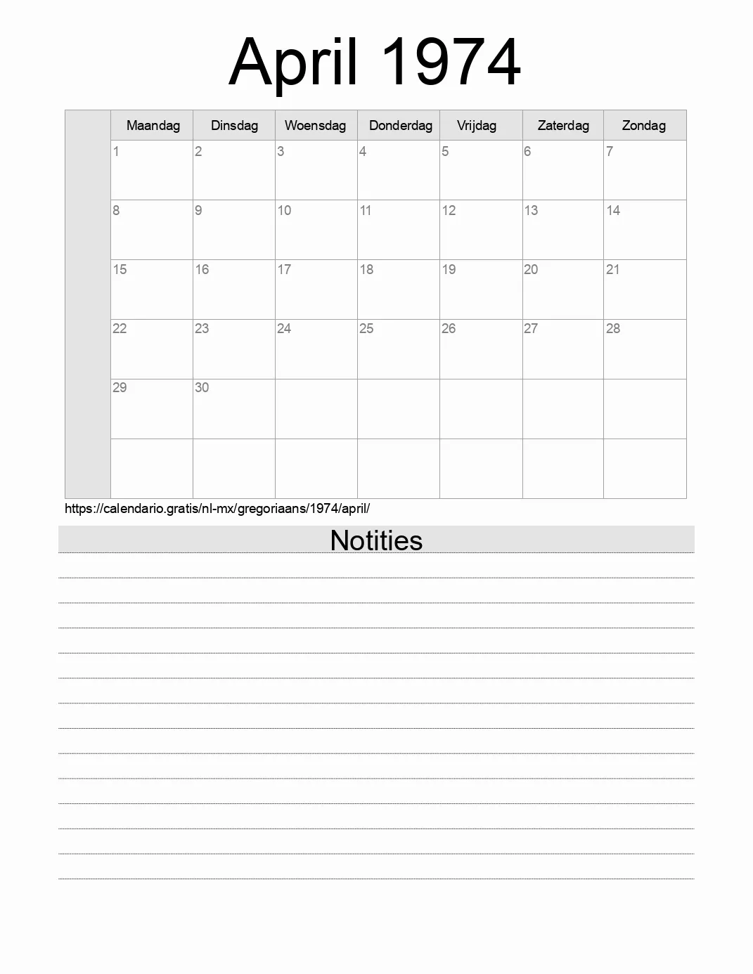 Kalender voor April 1974 om af te drukken met notities. (Mexico)