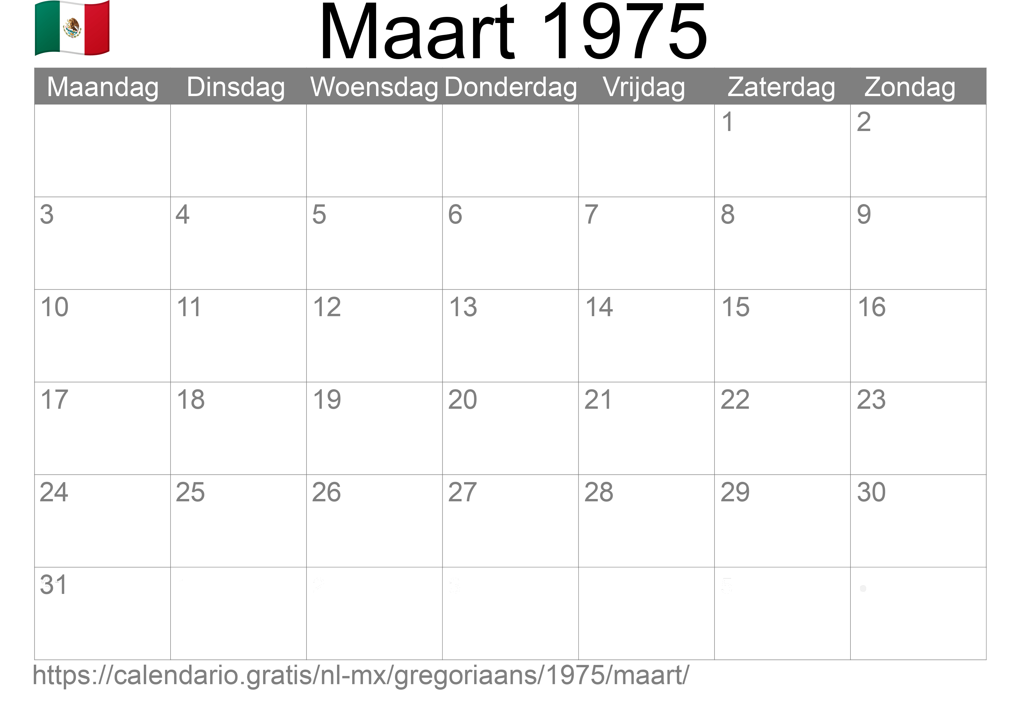 Kalender Maart 1975 om af te drukken