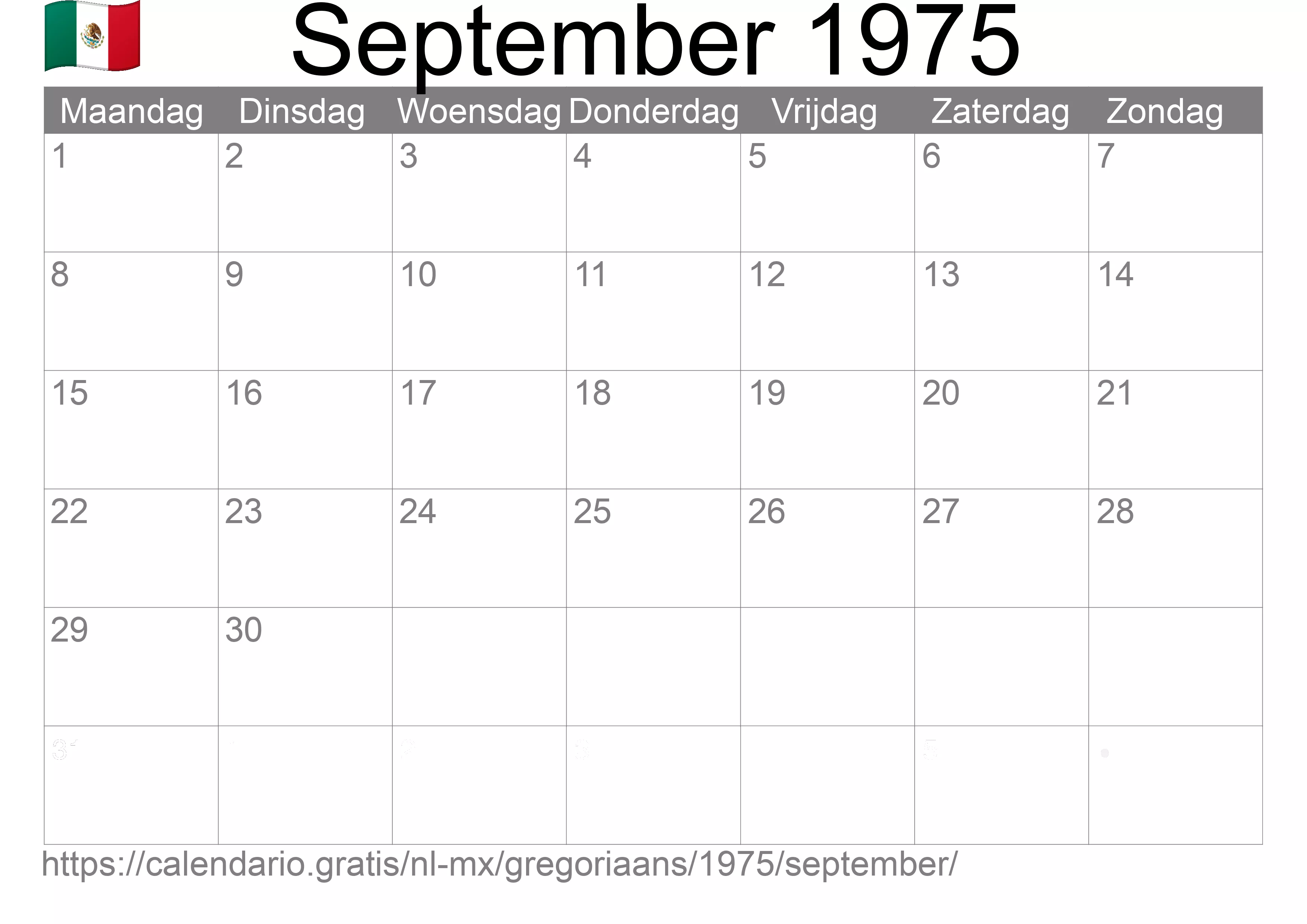 Kalender September 1975 om af te drukken (Mexico)