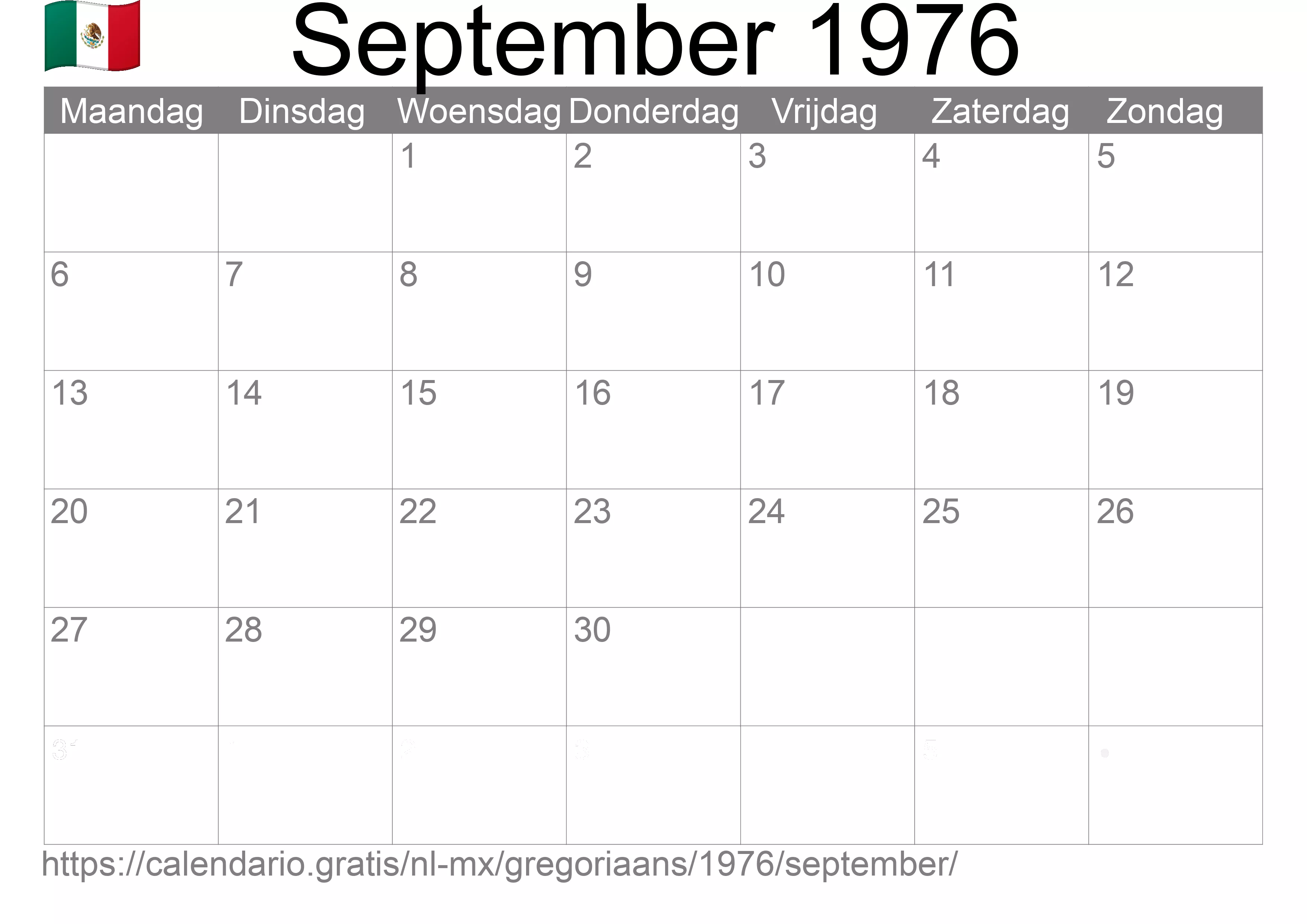 Kalender September 1976 om af te drukken (Mexico)