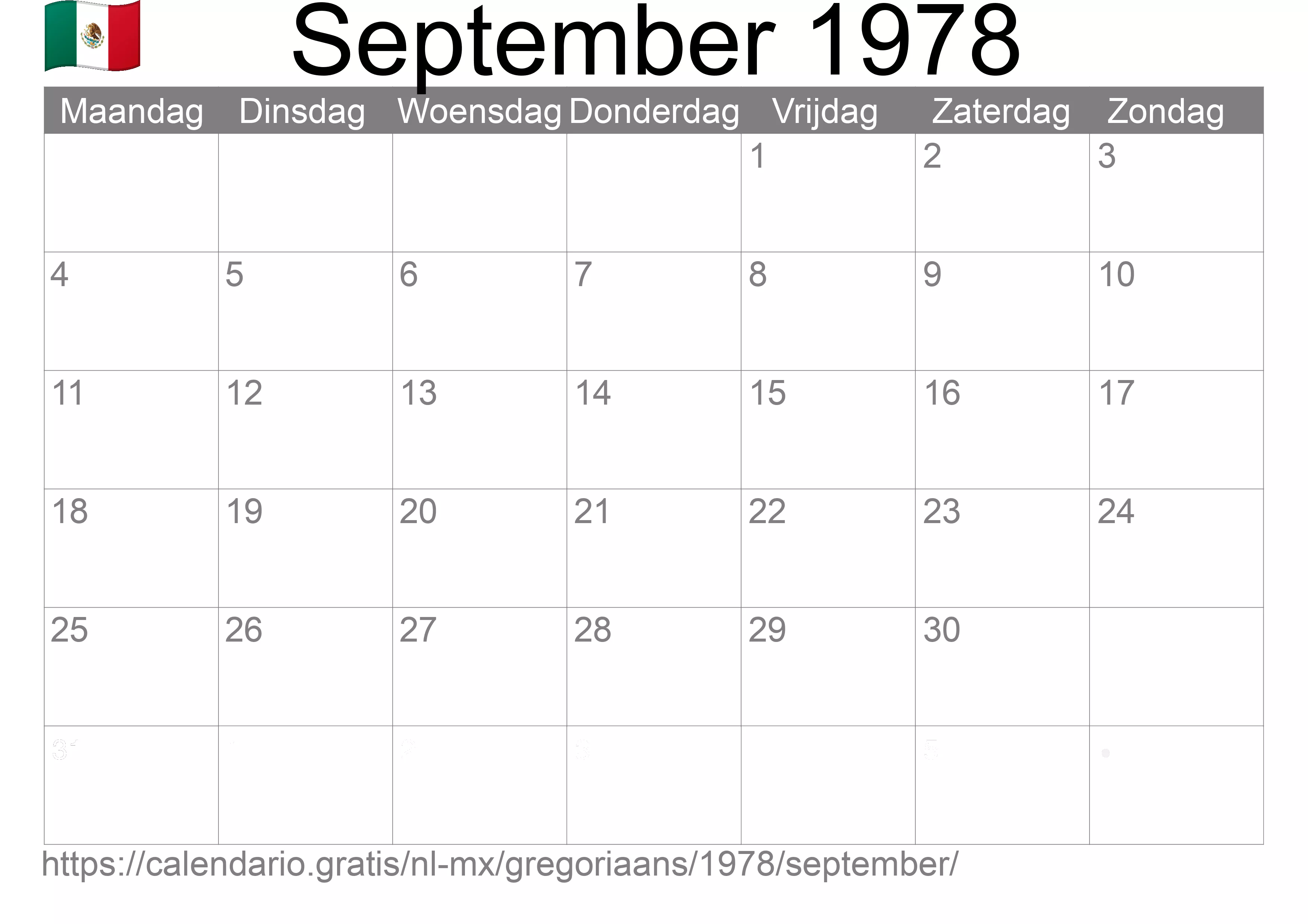 Kalender September 1978 om af te drukken (Mexico)