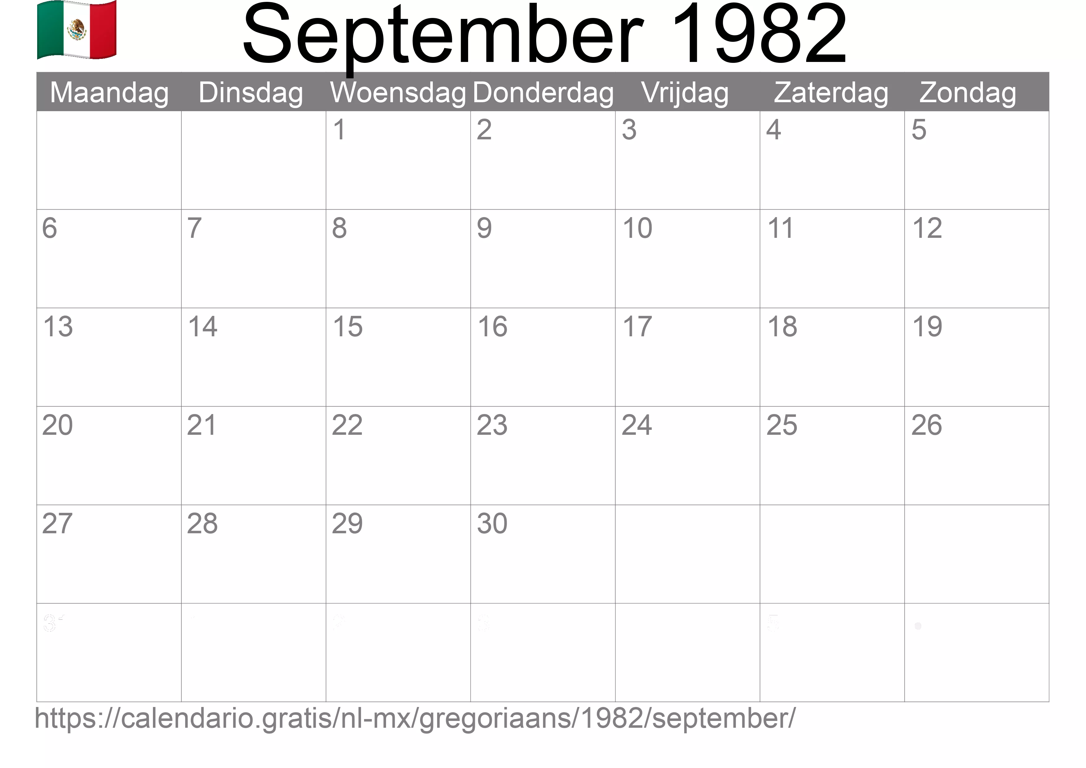 Kalender September 1982 om af te drukken (Mexico)