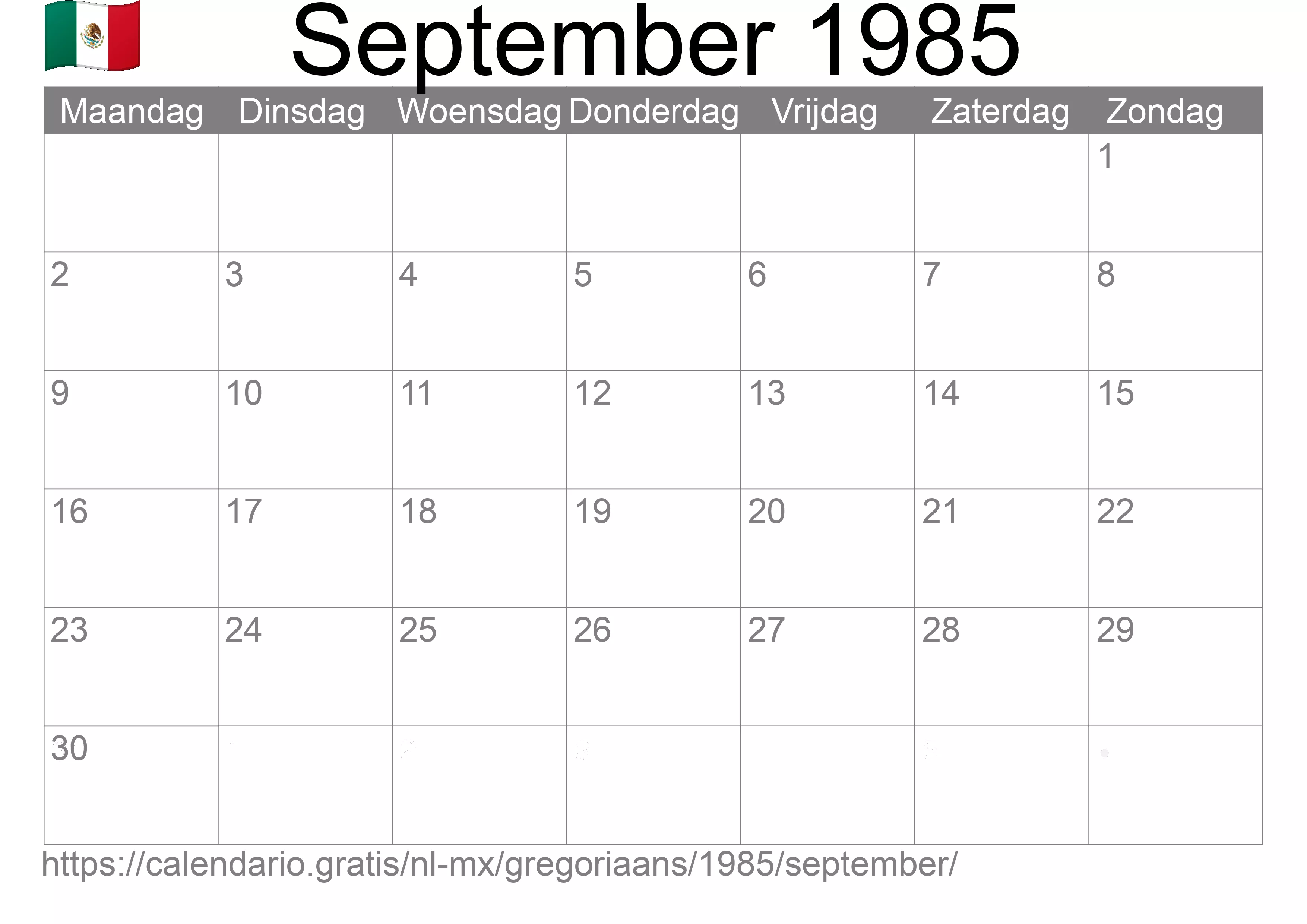 Kalender September 1985 om af te drukken (Mexico)