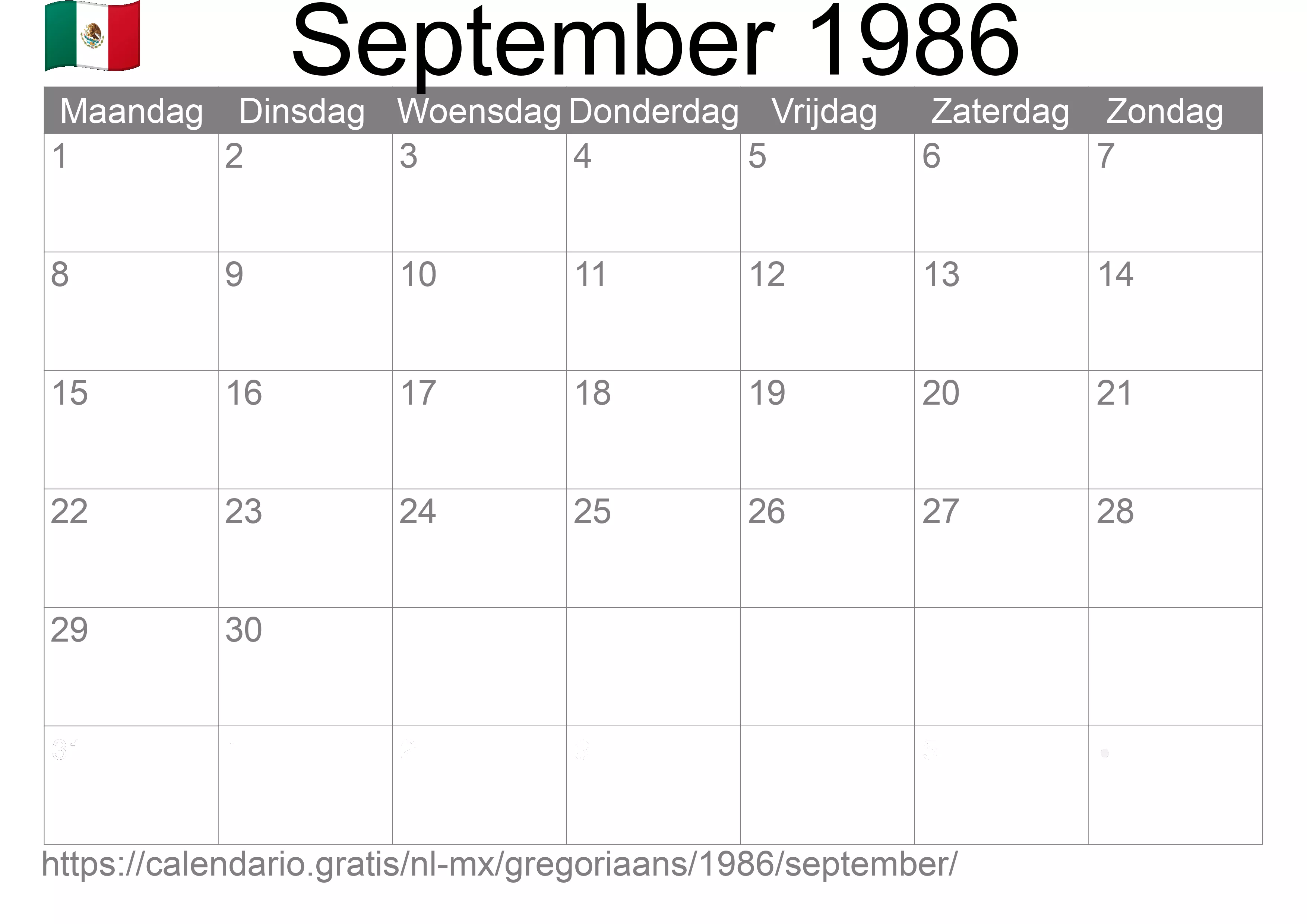Kalender September 1986 om af te drukken (Mexico)