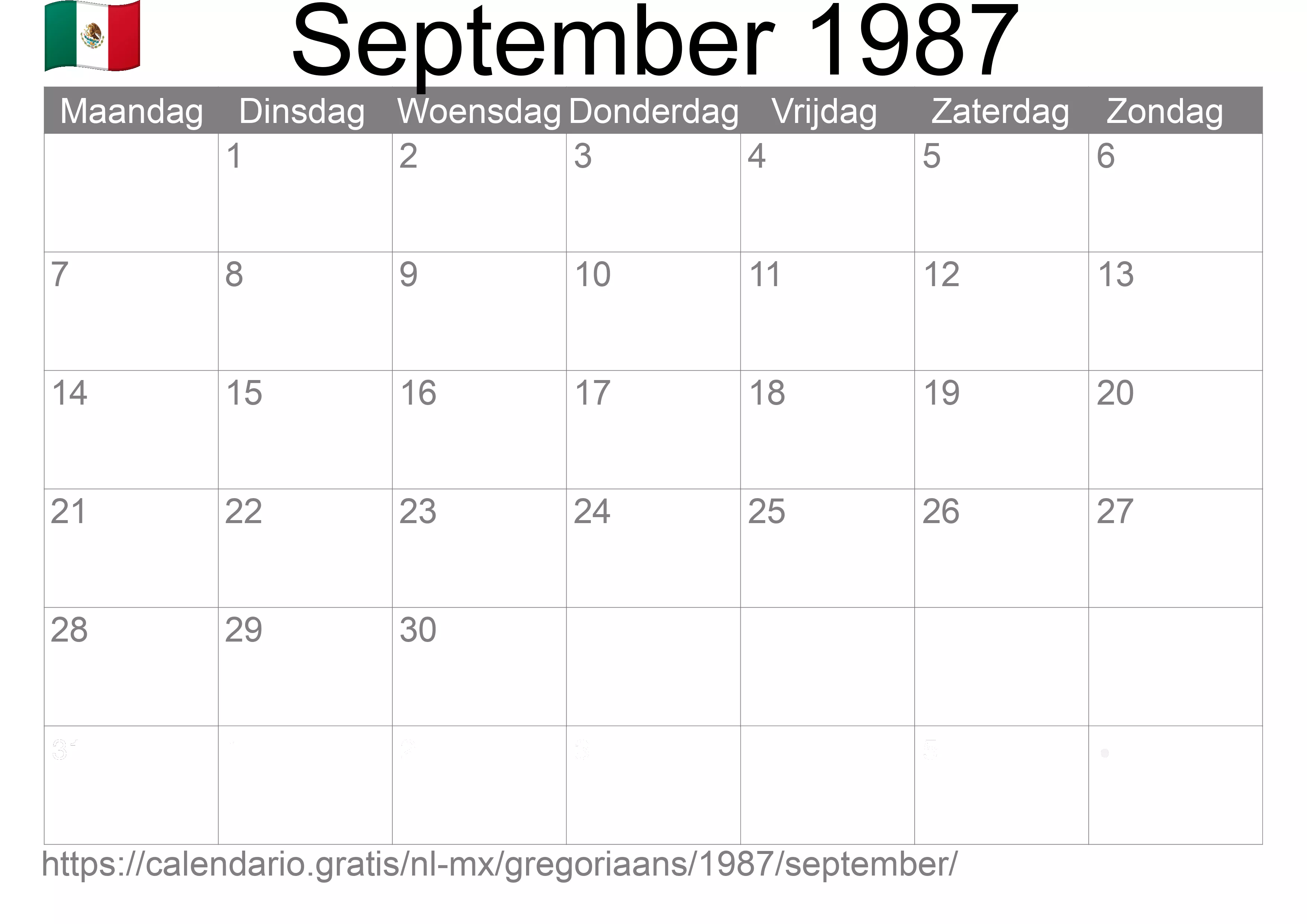 Kalender September 1987 om af te drukken (Mexico)