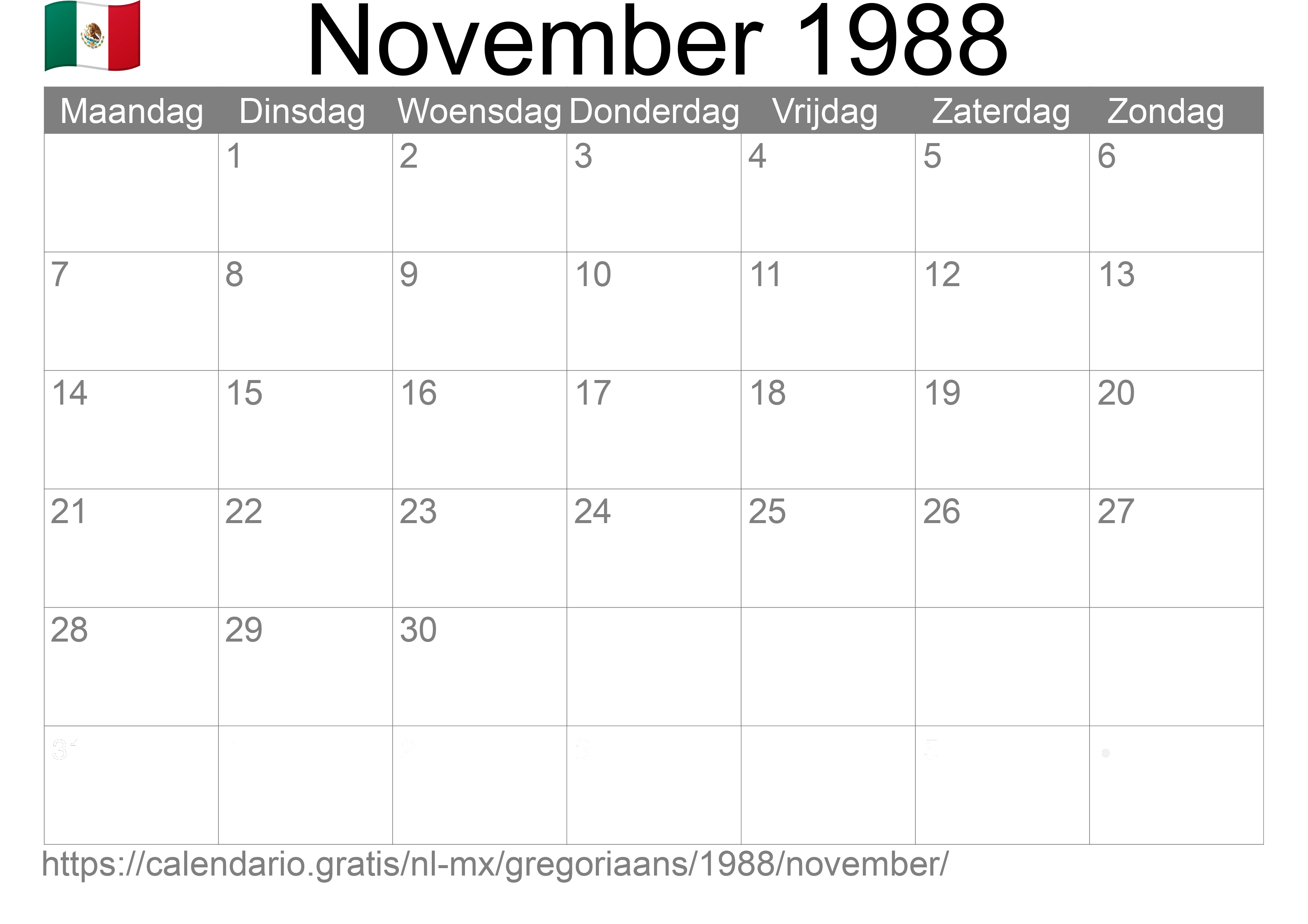 Kalender November 1988 om af te drukken