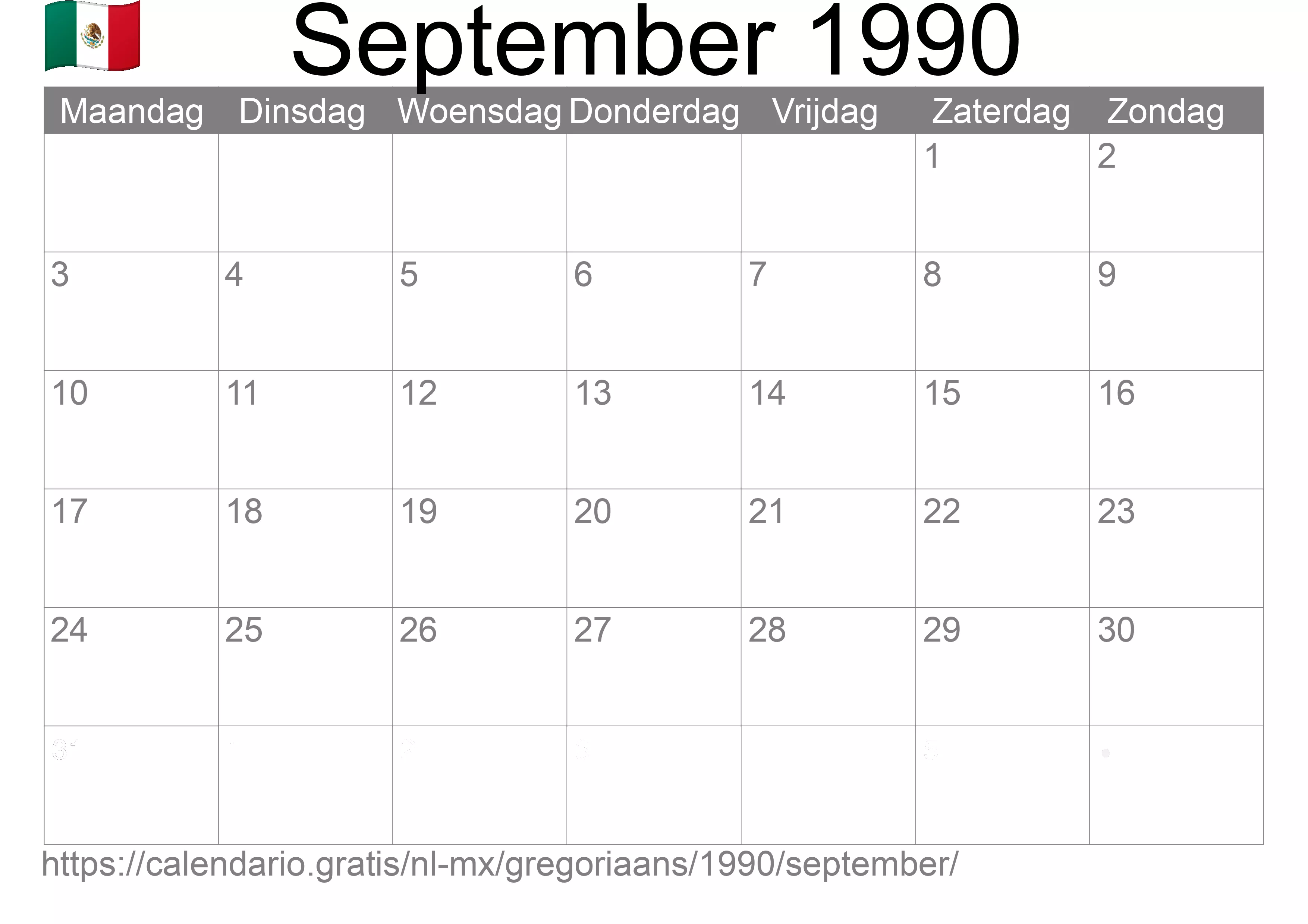 Kalender September 1990 om af te drukken (Mexico)