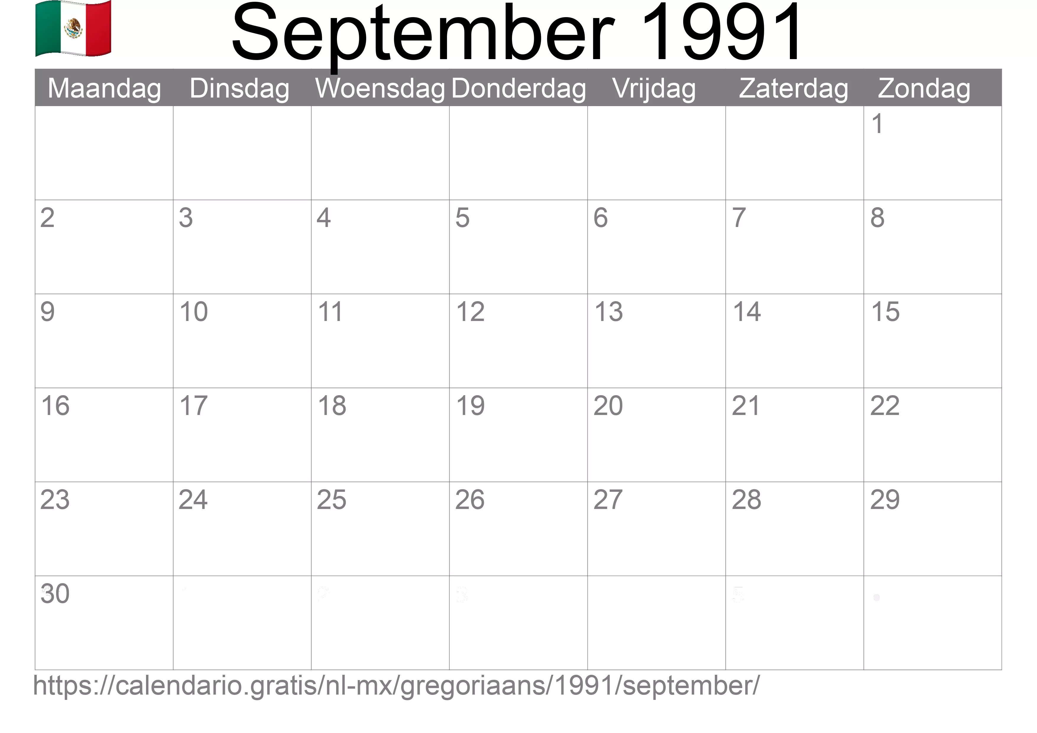 Kalender September 1991 om af te drukken (Mexico)