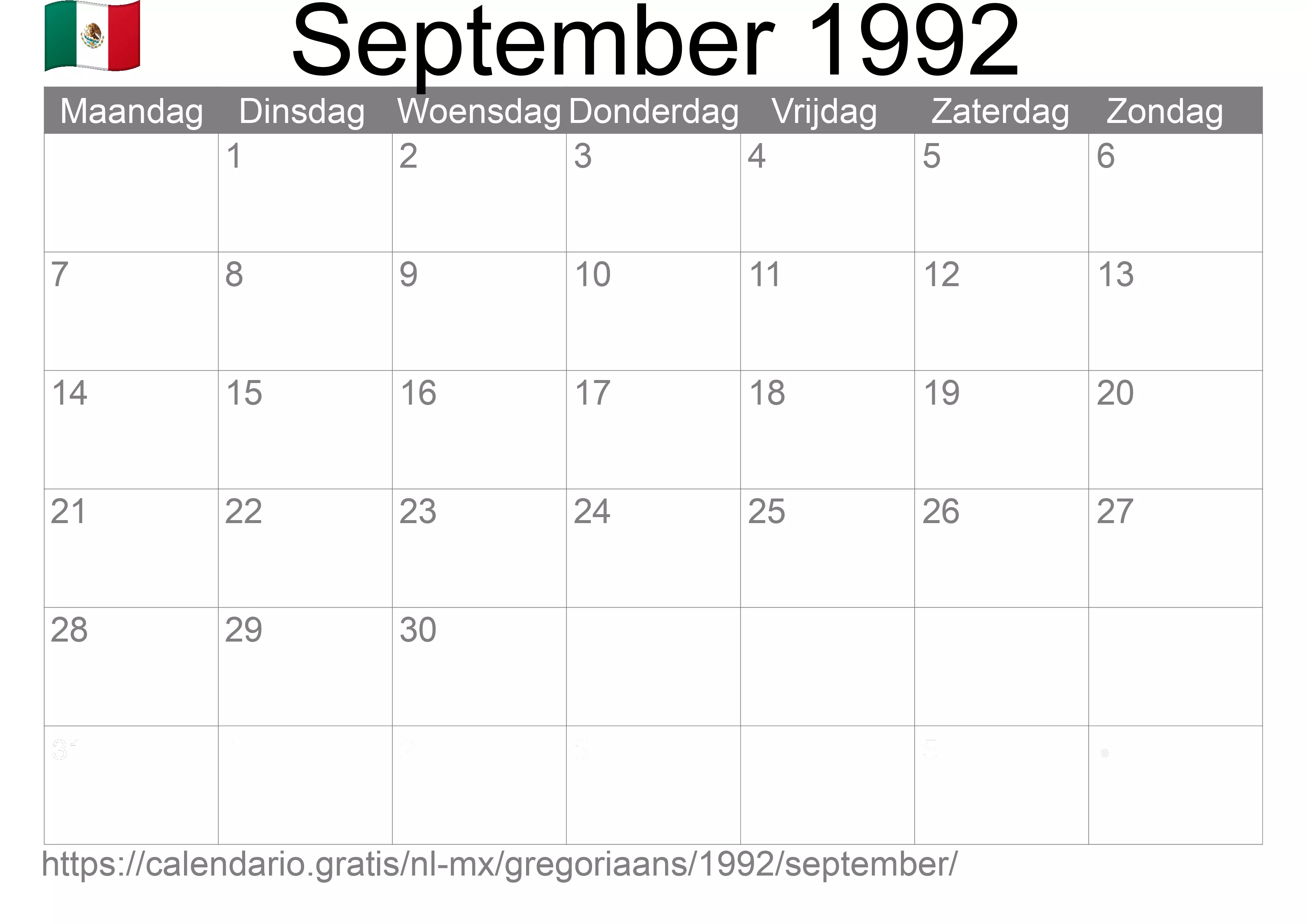 Kalender September 1992 om af te drukken (Mexico)