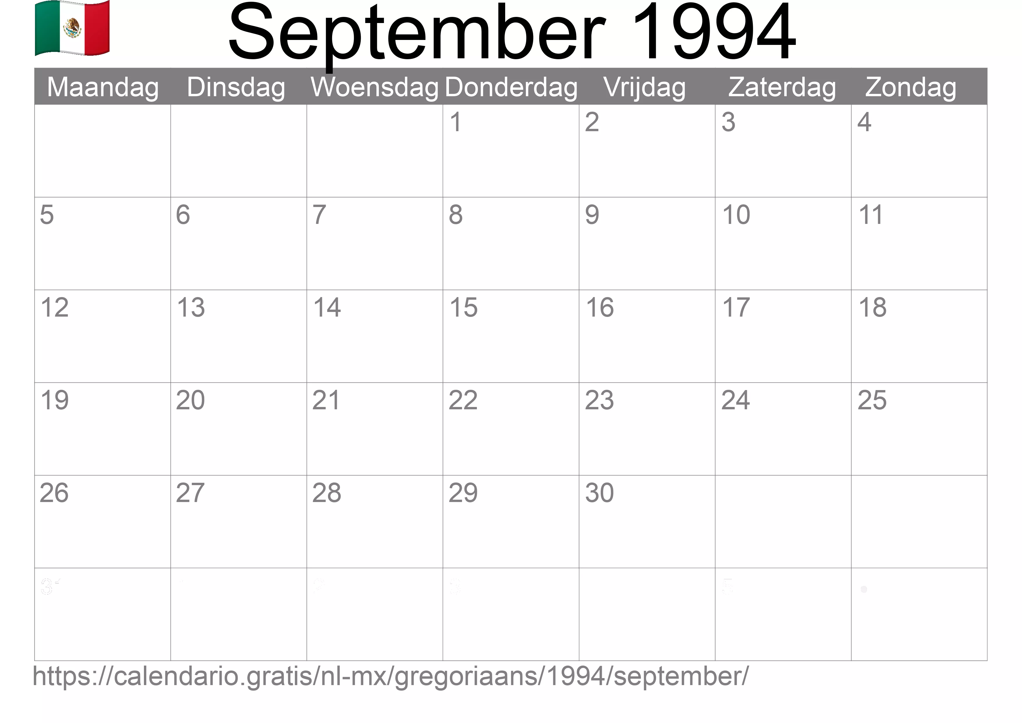 Kalender September 1994 om af te drukken (Mexico)