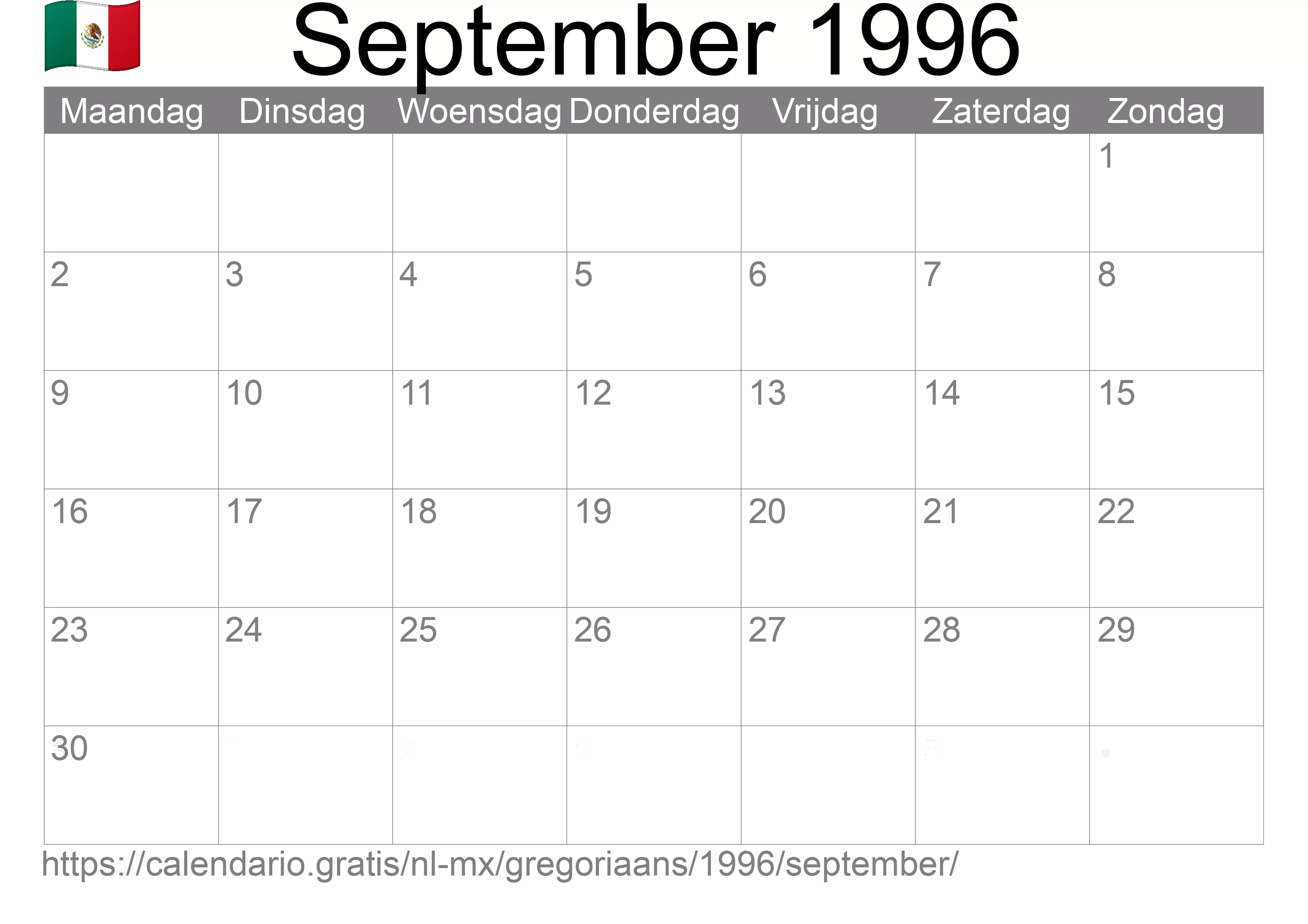 Kalender September 1996 om af te drukken (Mexico)